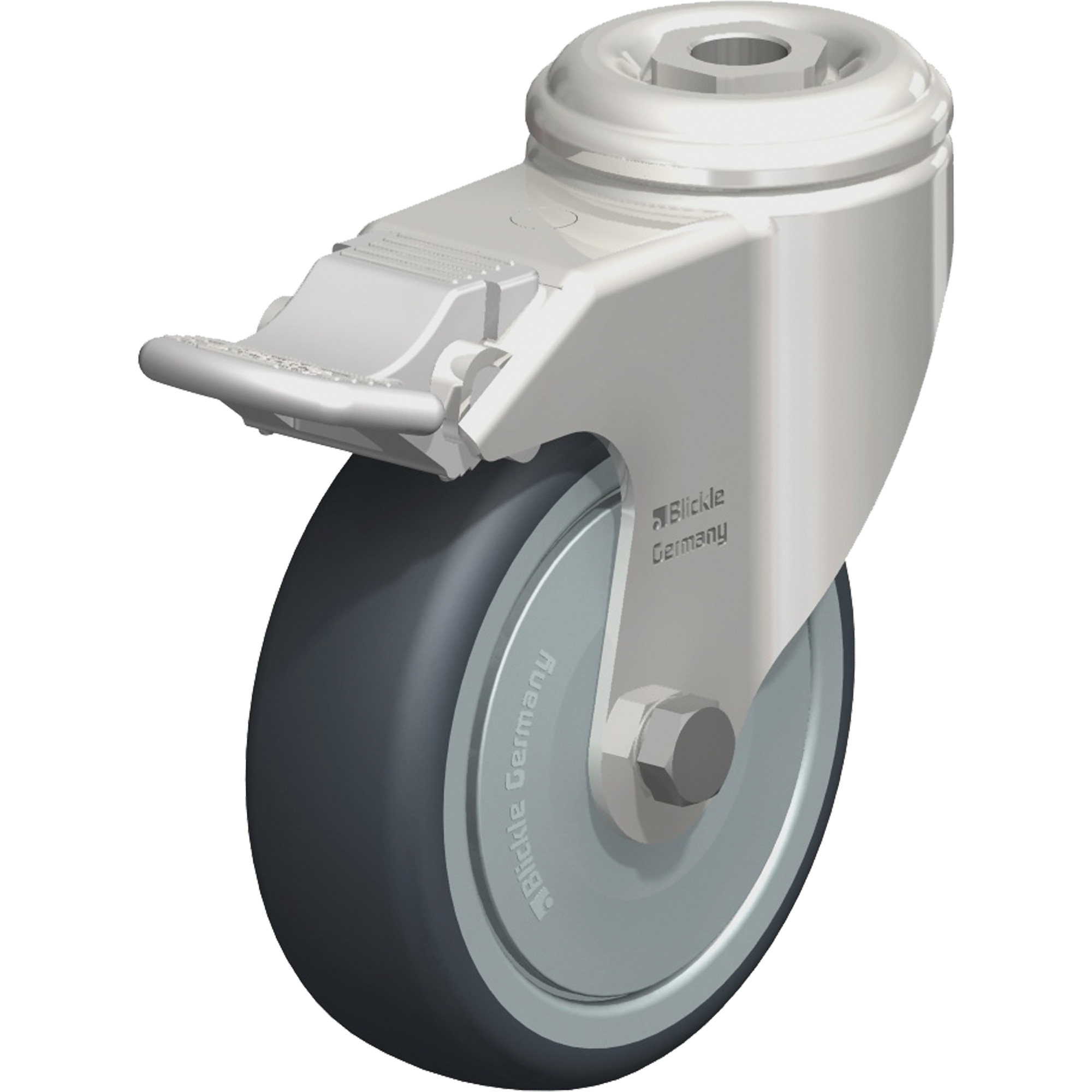 Roulette en élastomère thermoplastique acier inoxydable, Pivotant avec frein, Diamètre 4" (102 mm), Capacité 240 lb (108 kg)