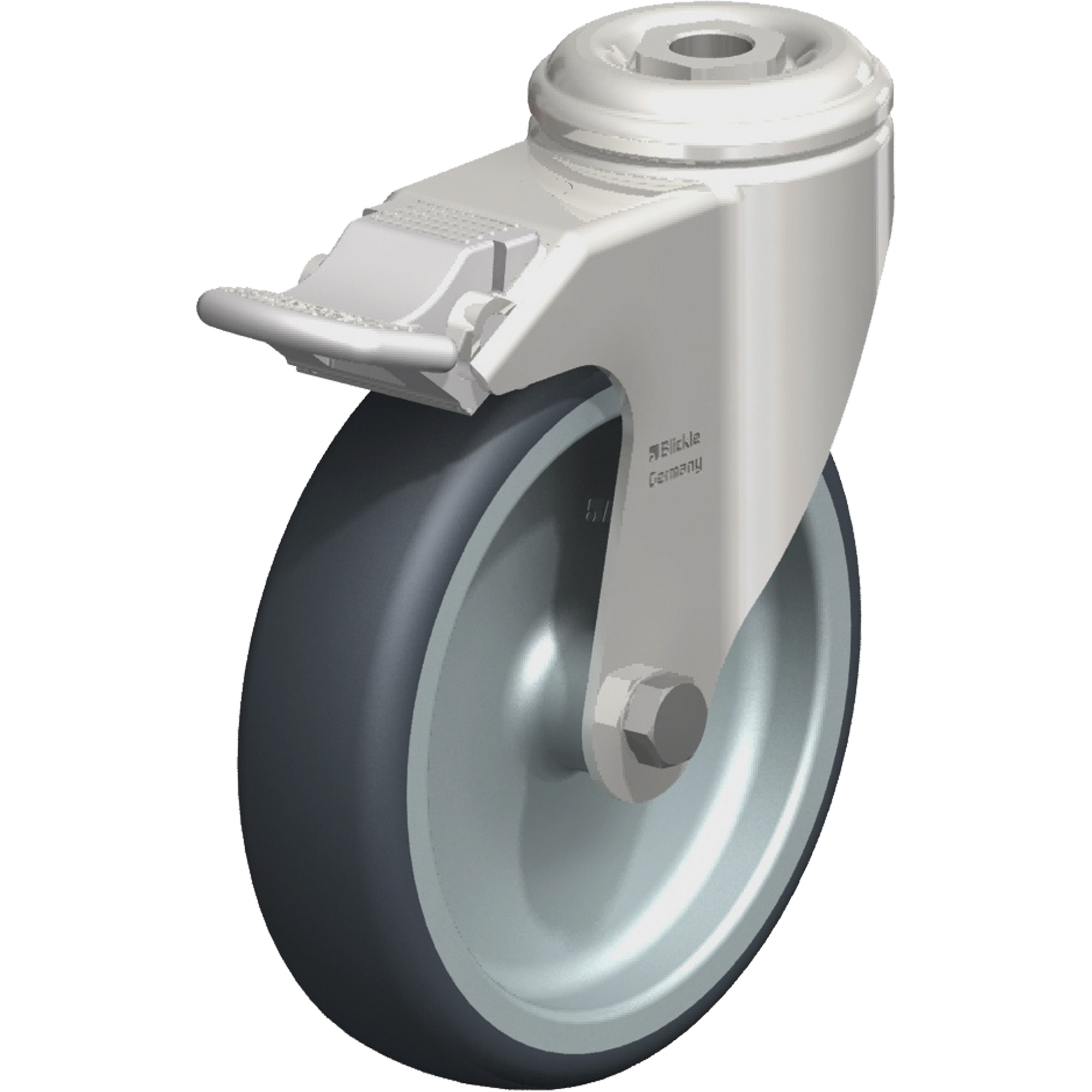 Roulette en élastomère thermoplastique acier inoxydable, Pivotant avec frein, Diamètre 5" (127 mm), Capacité 265 lb (120 kg)