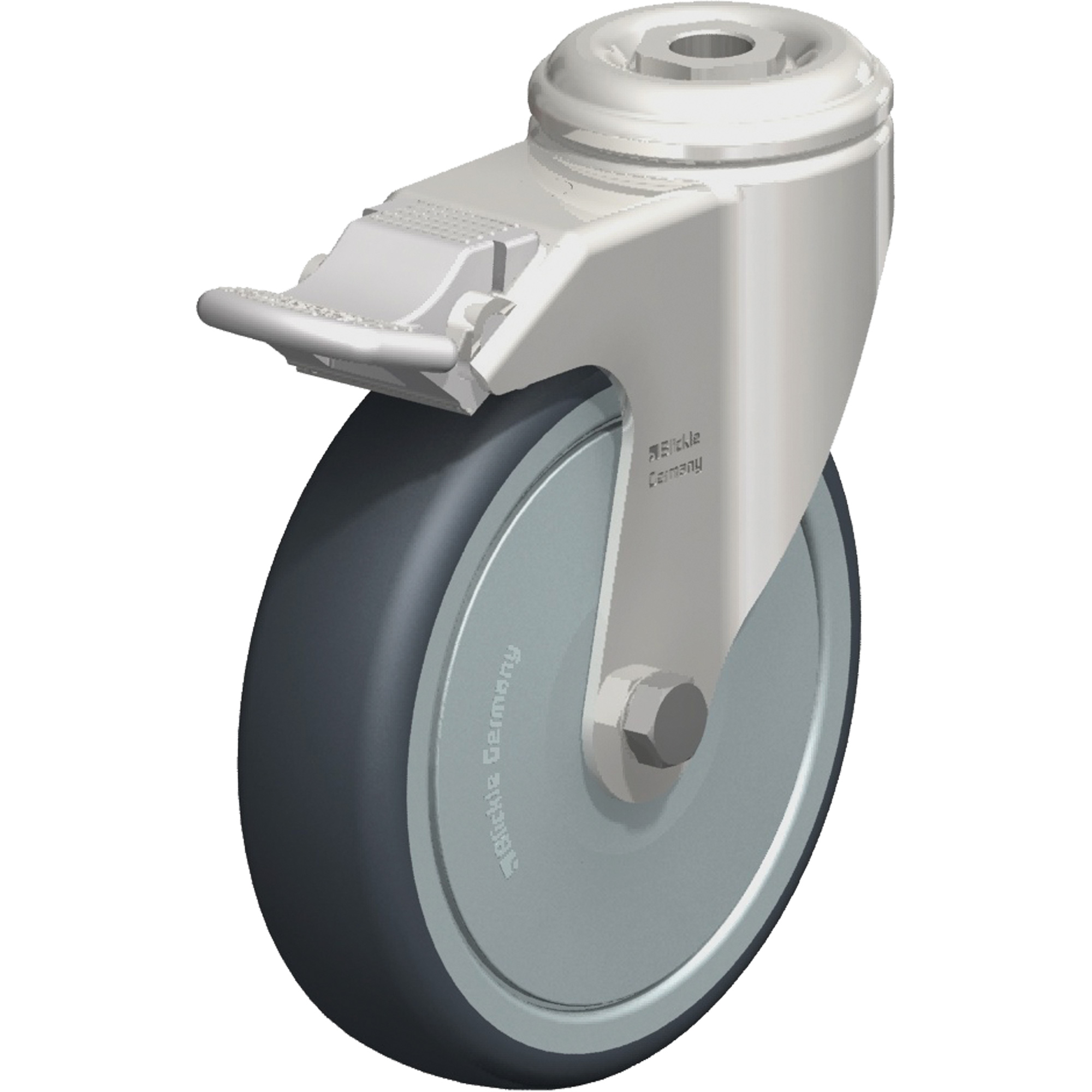 Roulette en élastomère thermoplastique acier inoxydable, Pivotant avec frein, Diamètre 5" (127 mm), Capacité 265 lb (120 kg)