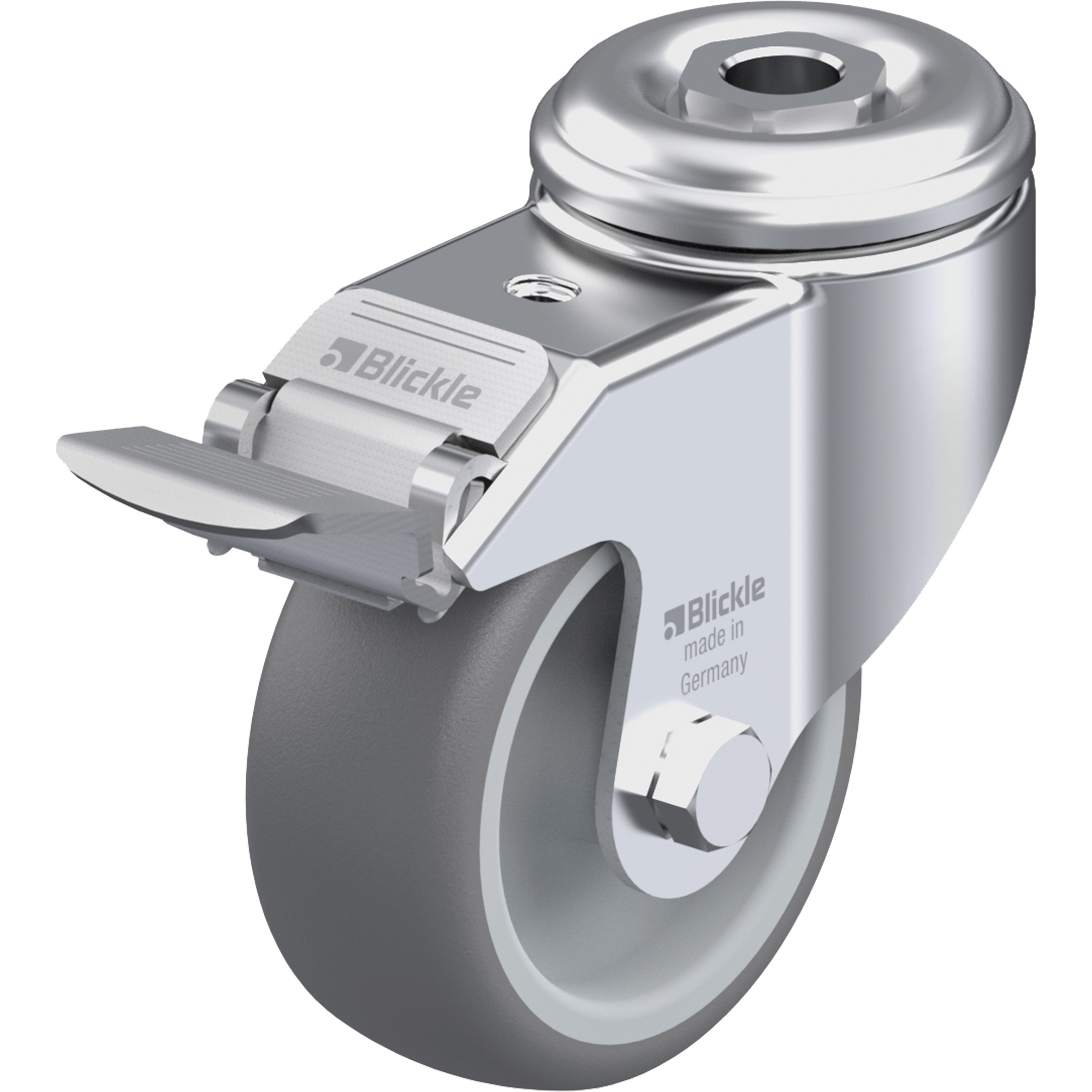 Roulette en élastomère thermoplastique de haute qualité, Pivotant avec frein, Diamètre 3-1/8" (79,5 mm), Capacité 220 lb (100 kg)
