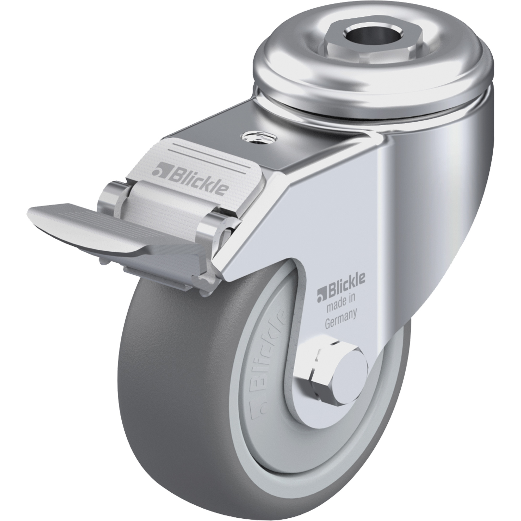 Roulette en élastomère thermoplastique de haute qualité, Pivotant avec frein, Diamètre 3-1/8" (79,5 mm), Capacité 220 lb (100 kg)