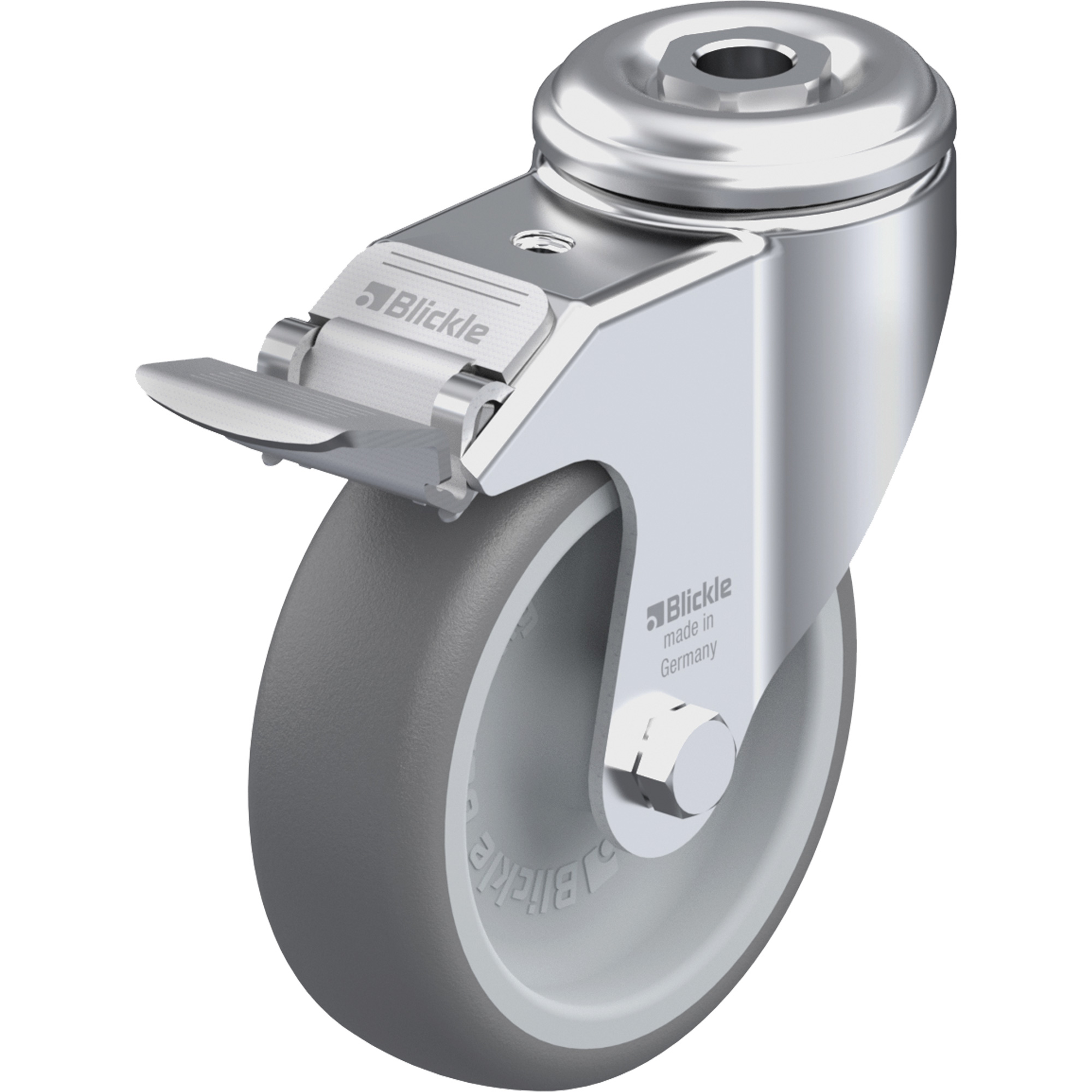 Roulette en élastomère thermoplastique de haute qualité, Pivotant avec frein, Diamètre 4" (102 mm), Capacité 240 lb (108 kg)