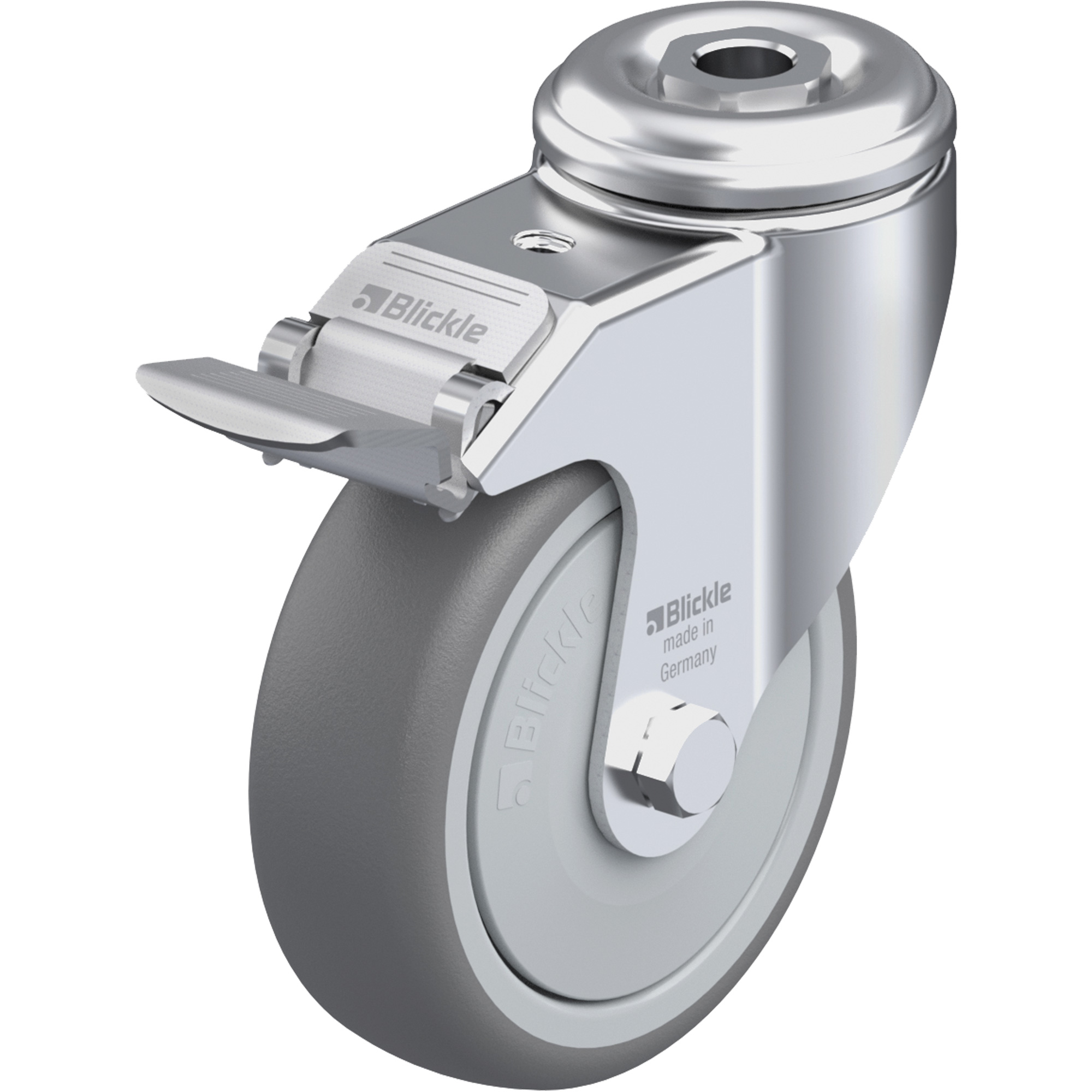 Roulette en élastomère thermoplastique de haute qualité, Pivotant avec frein, Diamètre 4" (102 mm), Capacité 240 lb (108 kg)