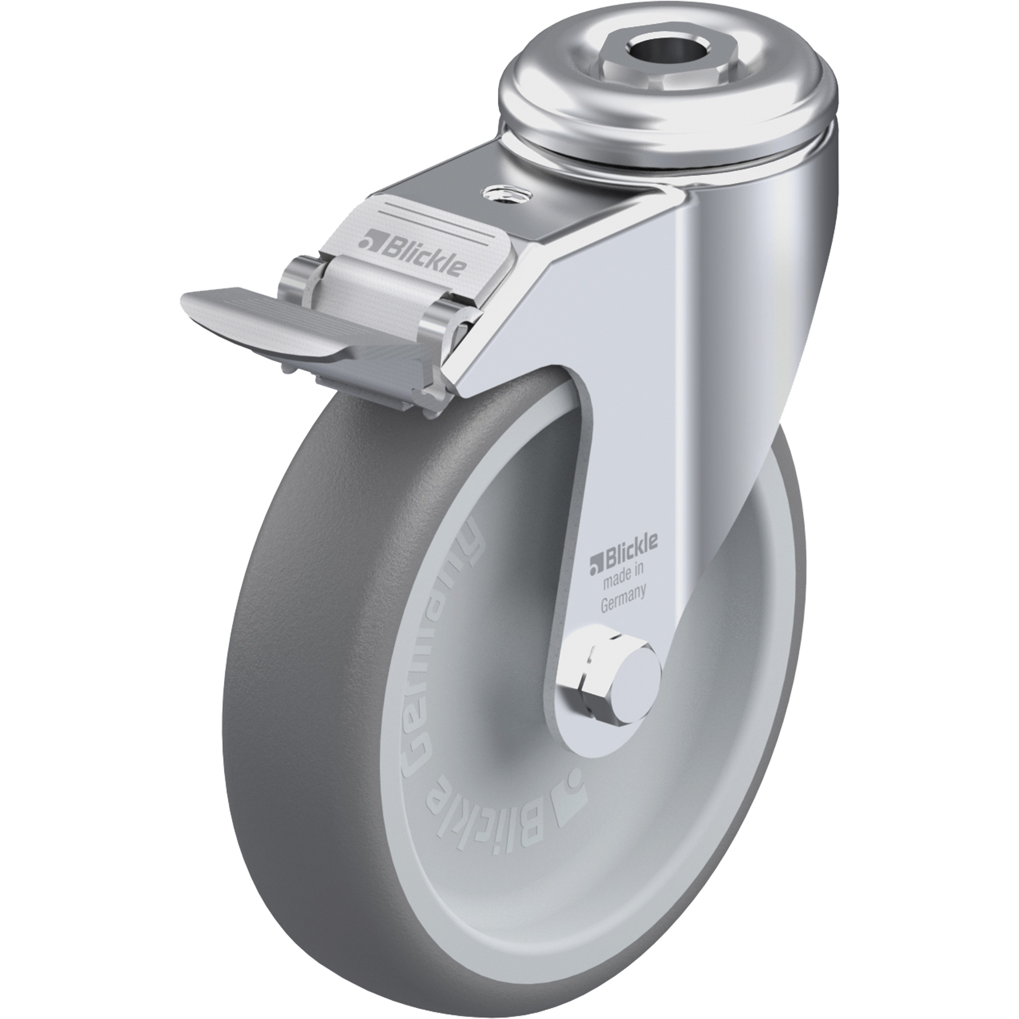 Roulette en élastomère thermoplastique de haute qualité, Pivotant avec frein, Diamètre 5" (127 mm), Capacité 265 lb (120 kg)