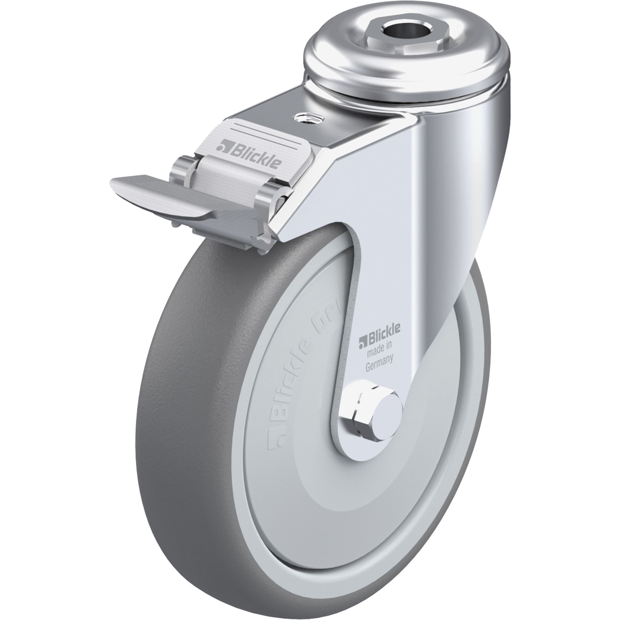 Roulette en élastomère thermoplastique de haute qualité, Pivotant avec frein, Diamètre 5" (127 mm), Capacité 265 lb (120 kg)