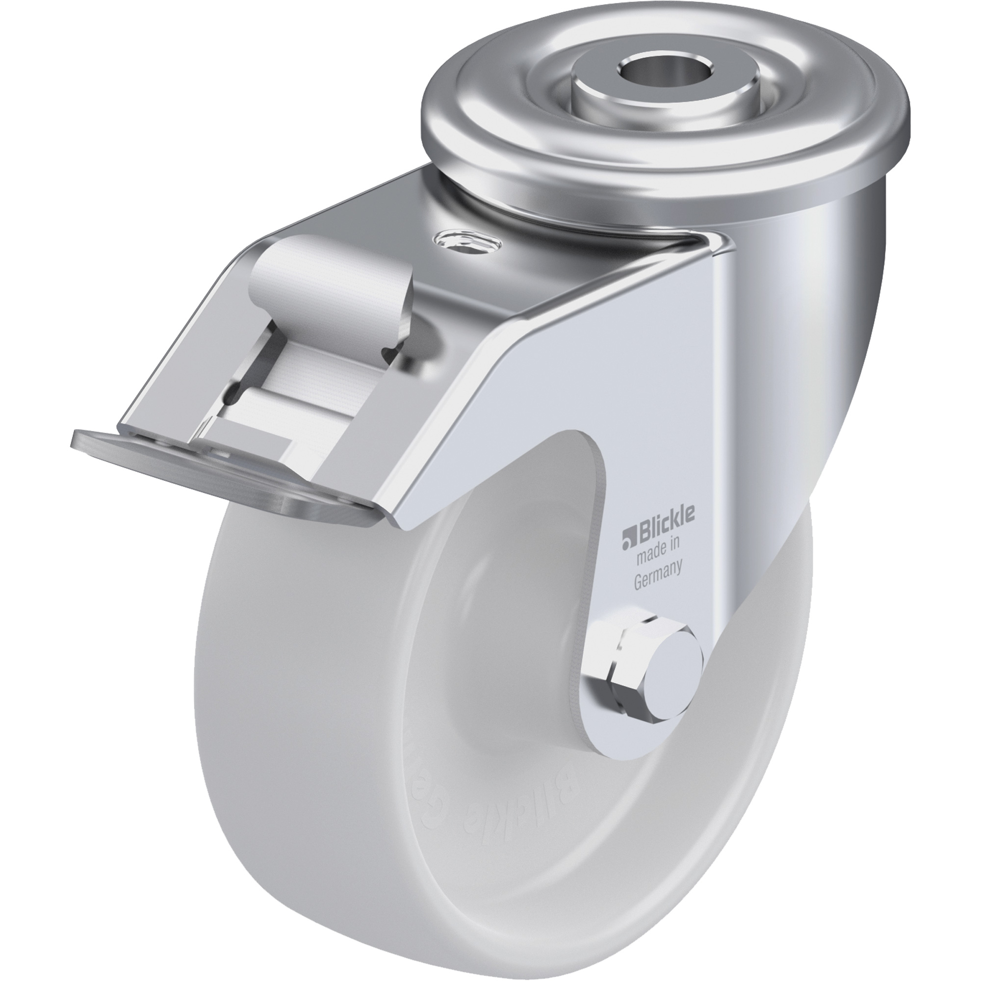 Roulette en nylon, Pivotant avec frein, Diamètre 4", Capacité 330 lb (149,685 kg)