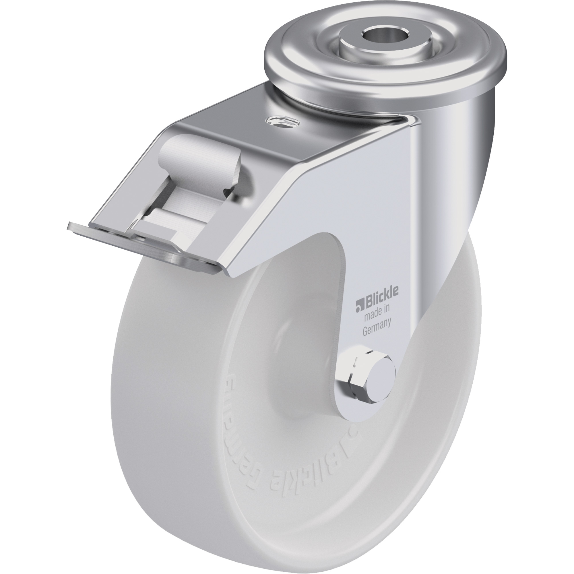 Roulette en nylon, Pivotant avec frein, Diamètre 5", Capacité 330 lb (149,685 kg)