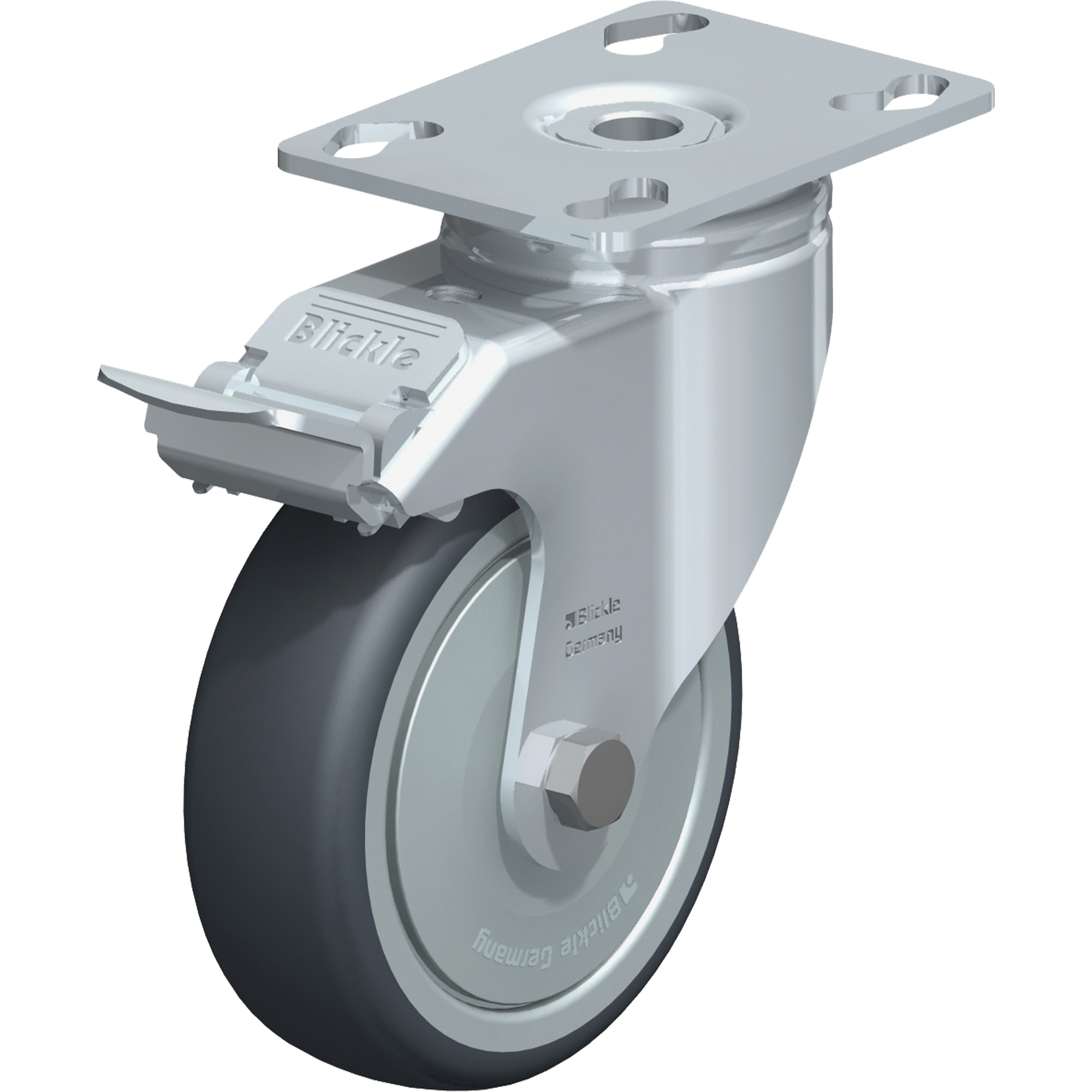 Roulette, Pivotant avec frein, 4" (101,6 mm), Caoutchouc thermoplastique, 200 lb (91 kg)