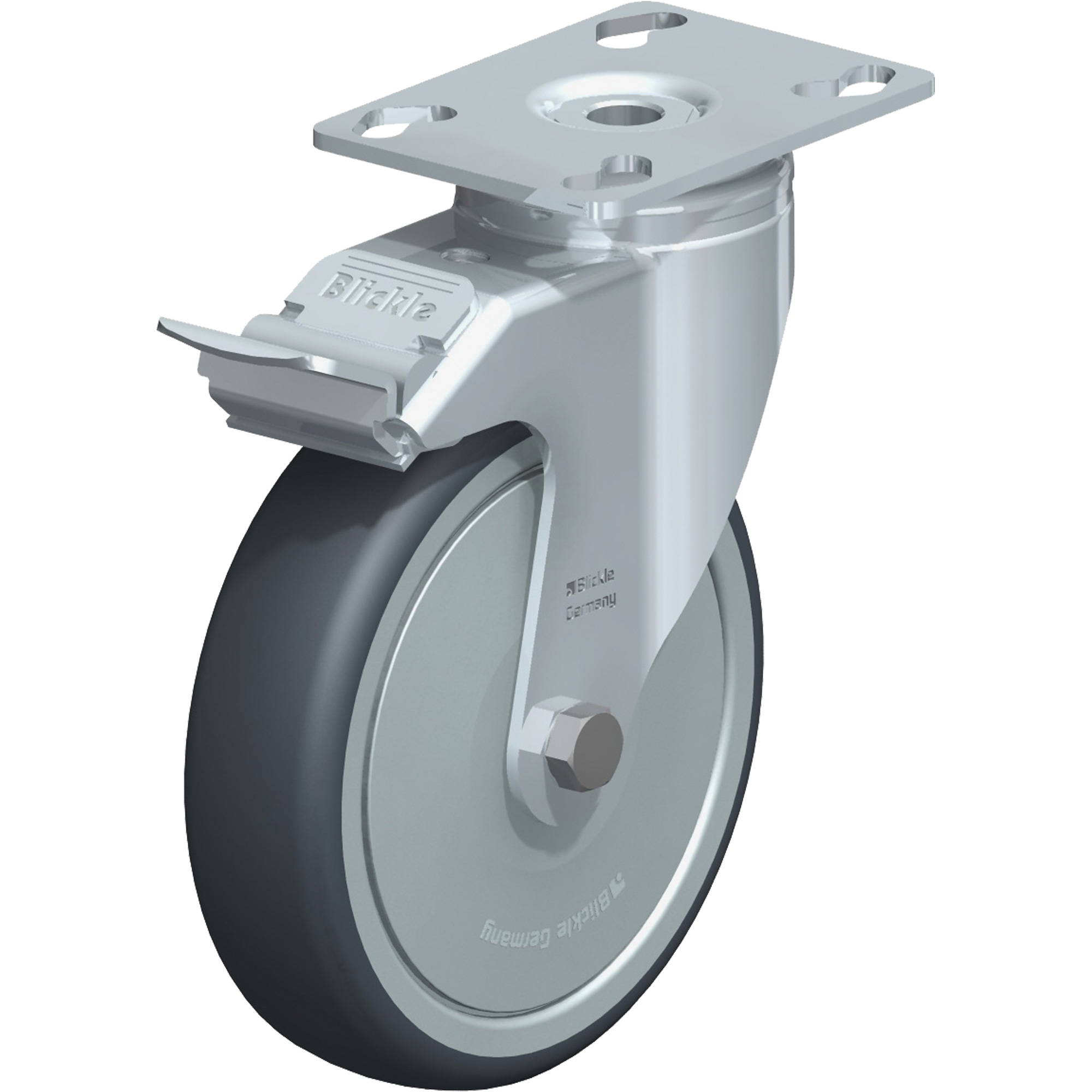 Roulette, Pivotant avec frein, 5" (127 mm), Caoutchouc thermoplastique, 220 lb (100 kg)