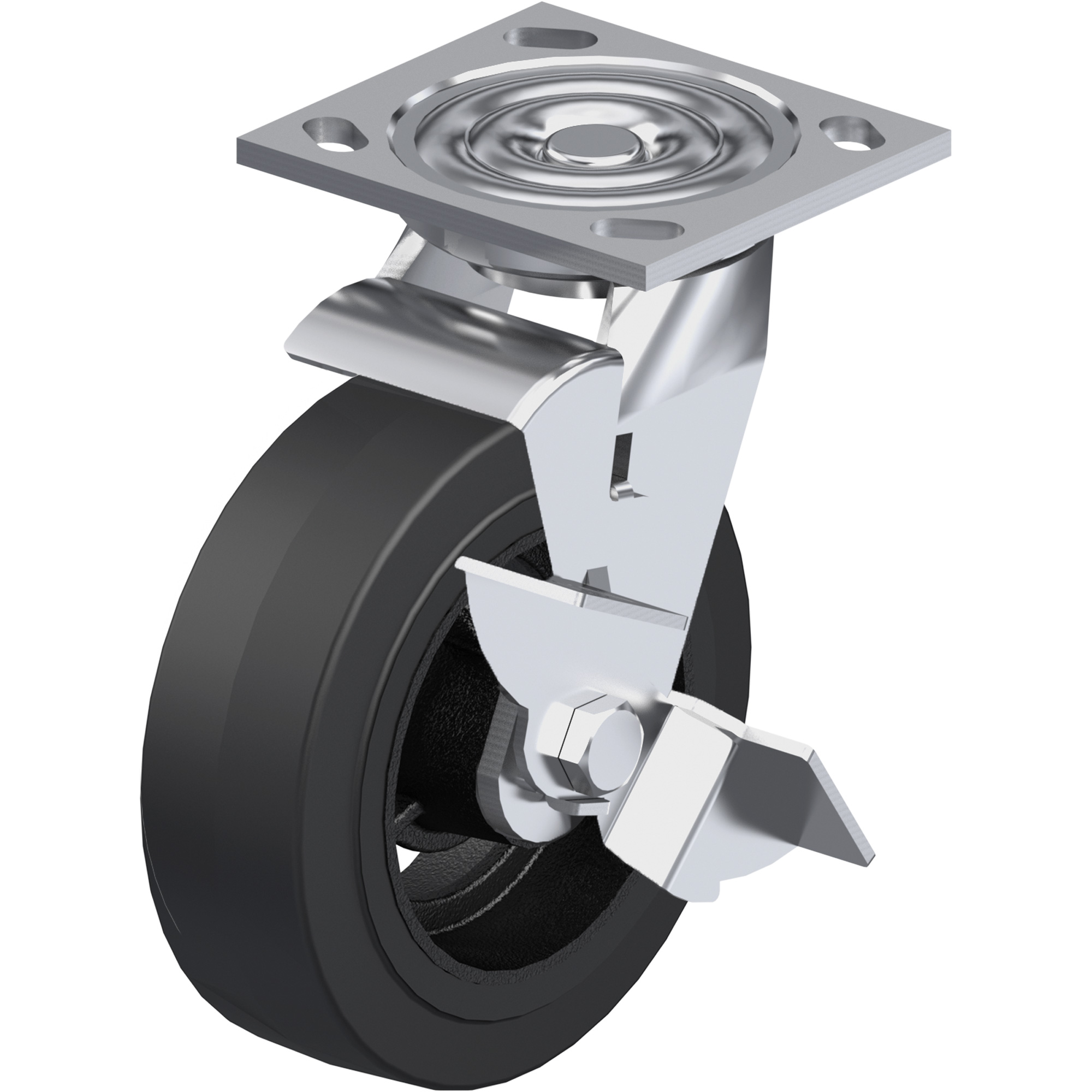 Roulette, Pivotant avec frein, 6" (152,4 mm), Caoutchouc moulé, 500 lb (227 kg)