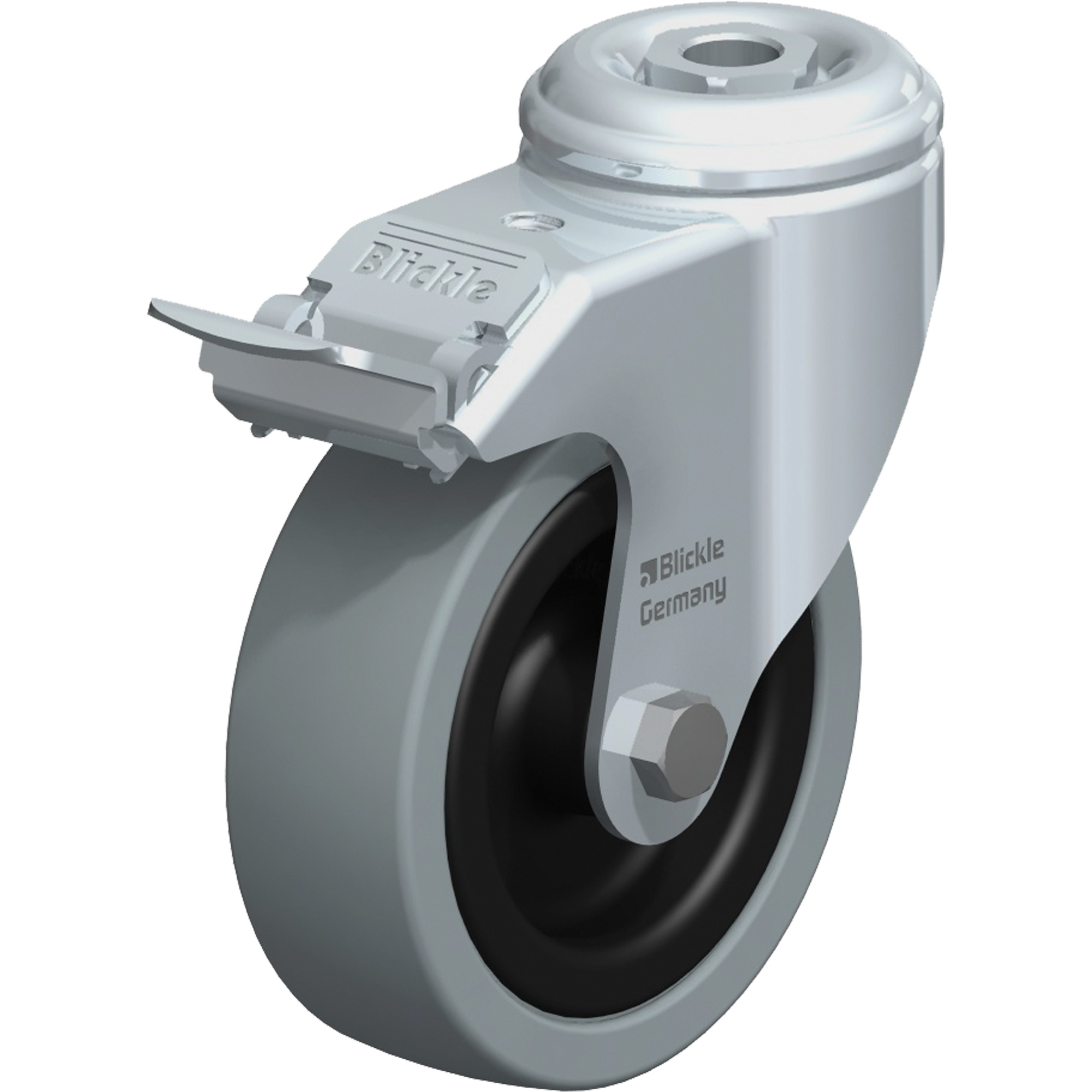 Roulette pour usage léger, Pivotant avec frein, 4" (101,6 mm), Caoutchouc plein, 242 lb (110 kg)