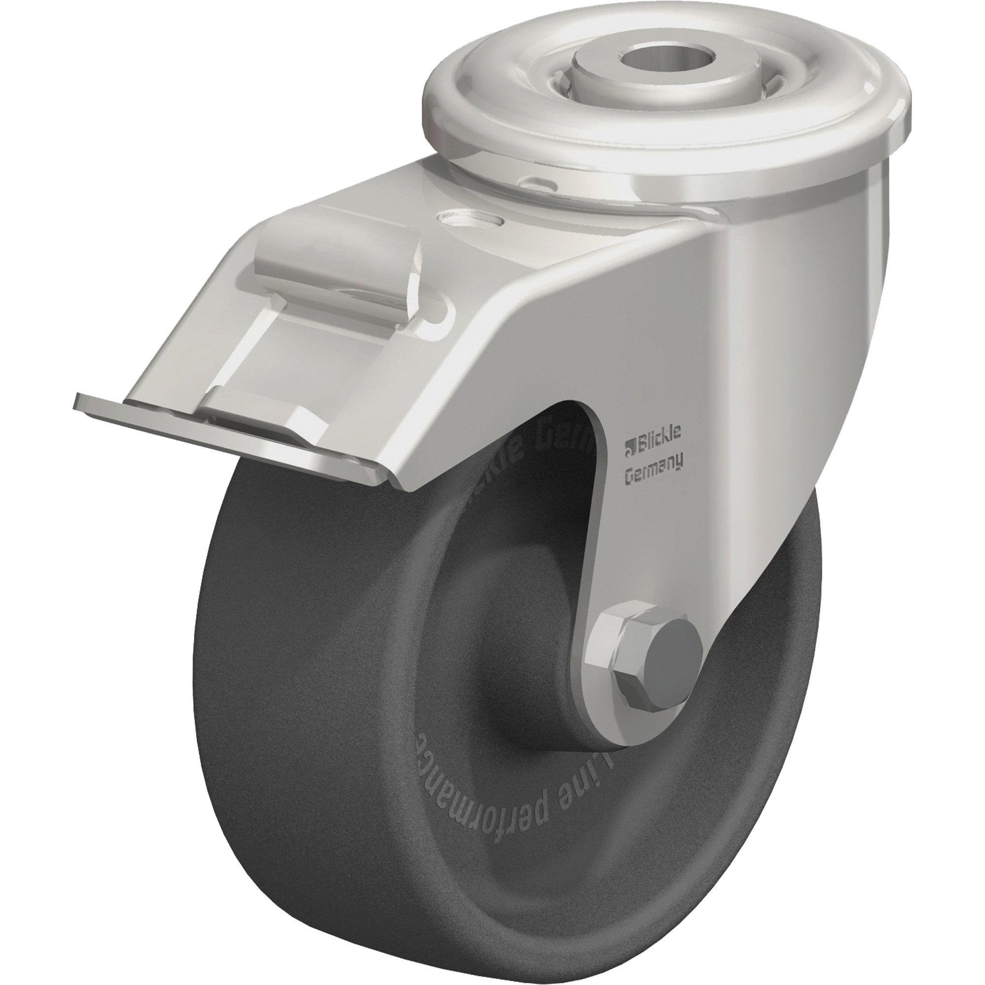 Roulette thermoplastique résistante à la chaleur, Pivotant avec frein, Diamètre 4", Capacité 330 lb (149,685 kg)