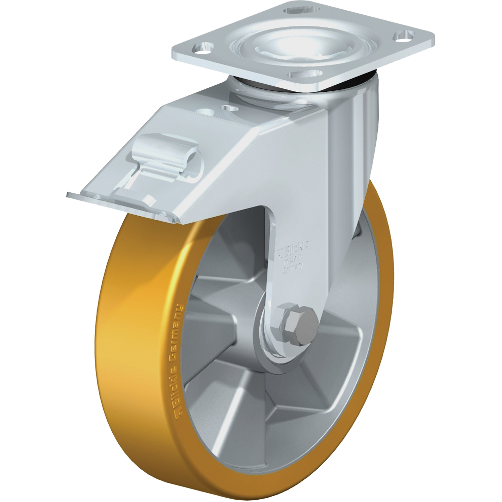 Roulettes robustes sans cheville, Pivotant avec frein, 8" (203,2 mm), Polyuréthane, 1250 lb (567 kg)