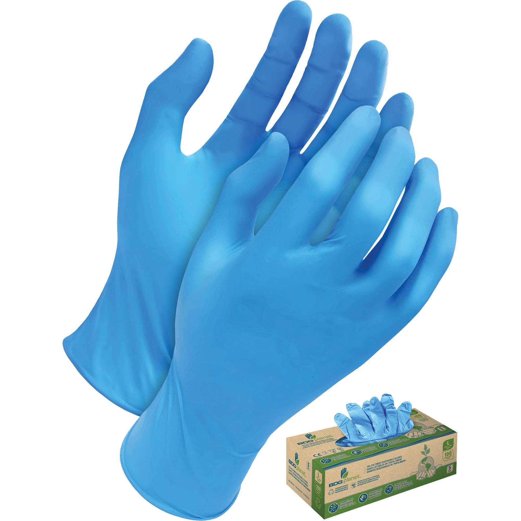 Gants jetables en tri polymère, T-Grand, Polyéthylène, 5 mils, Sans poudre, Bleu