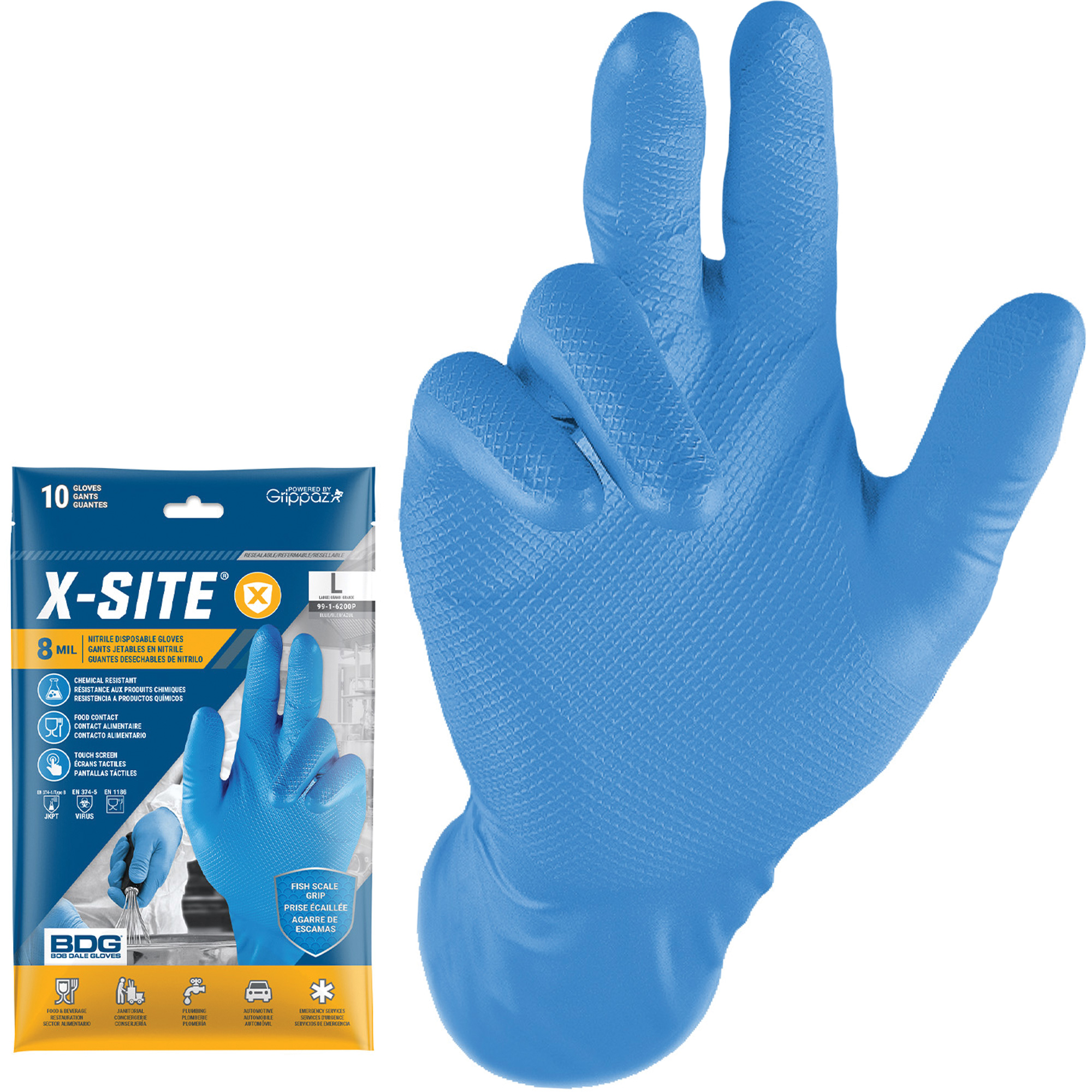 Gants jetables GrippazMC, 2T-Grand, Nitrile, 8 mils, Sans poudre, Bleu