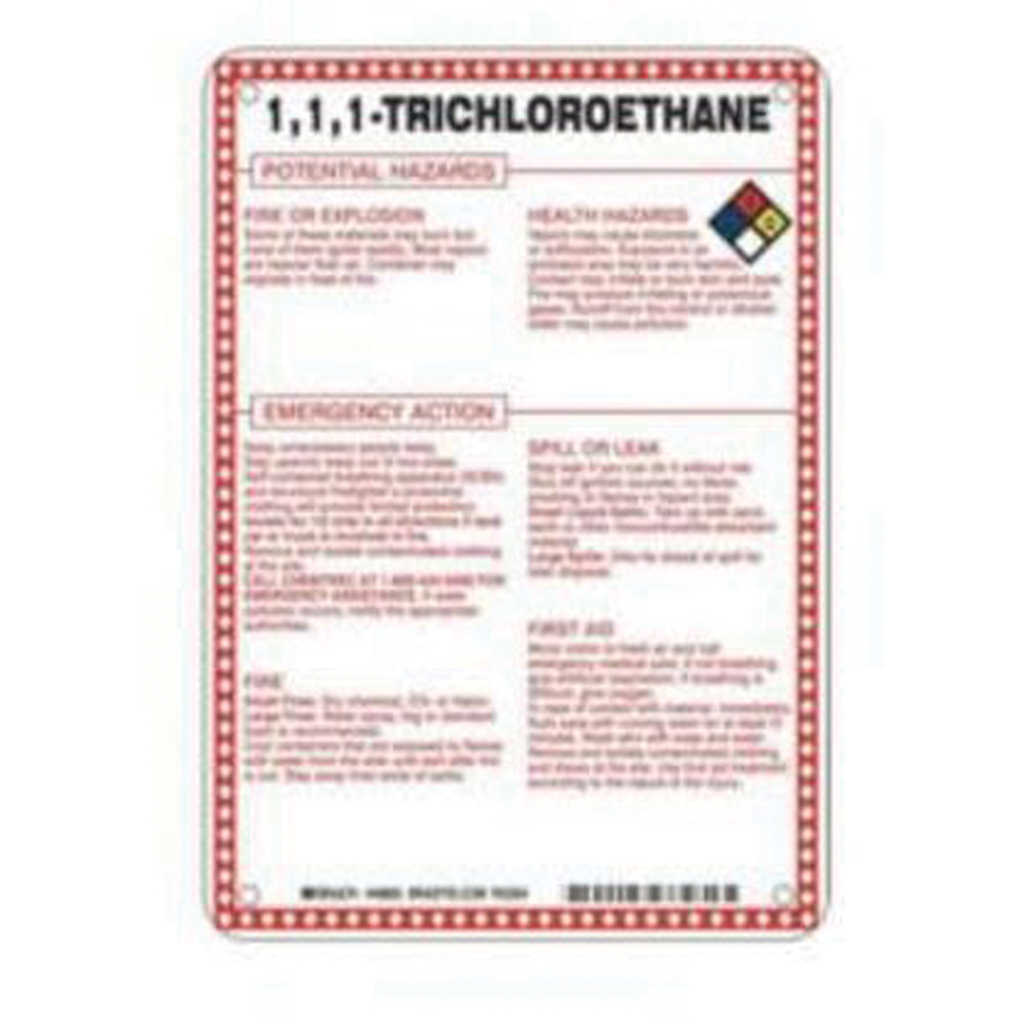 Enseigne «1, 1, 1, Trichloroethane Potential Hazards», 10" x 7", Fibre de verre, Anglais avec pictogramme