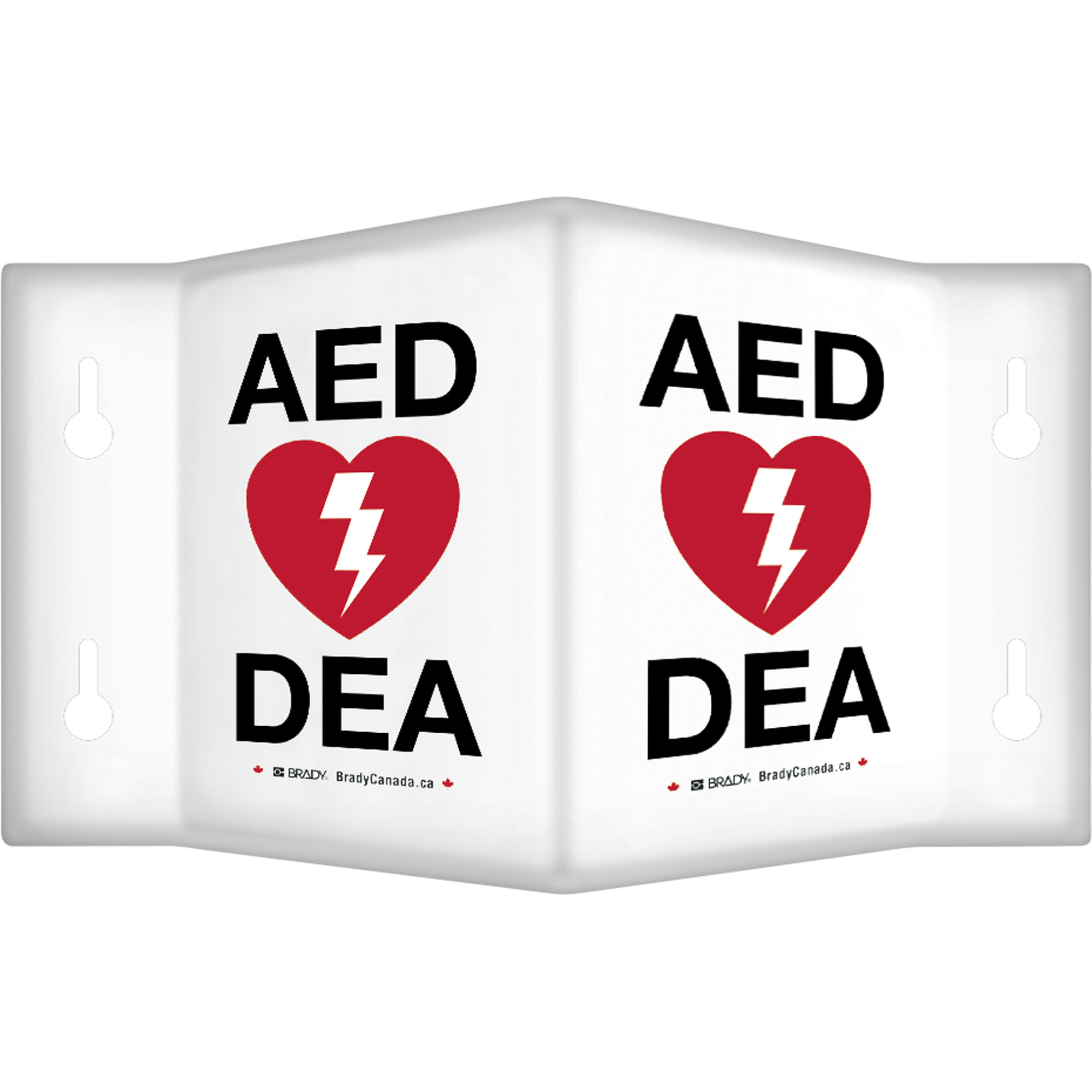 Enseigne à projection sur 90° « AED/ DEA », 6" x 5", Plastique, Bilingue avec pictogramme