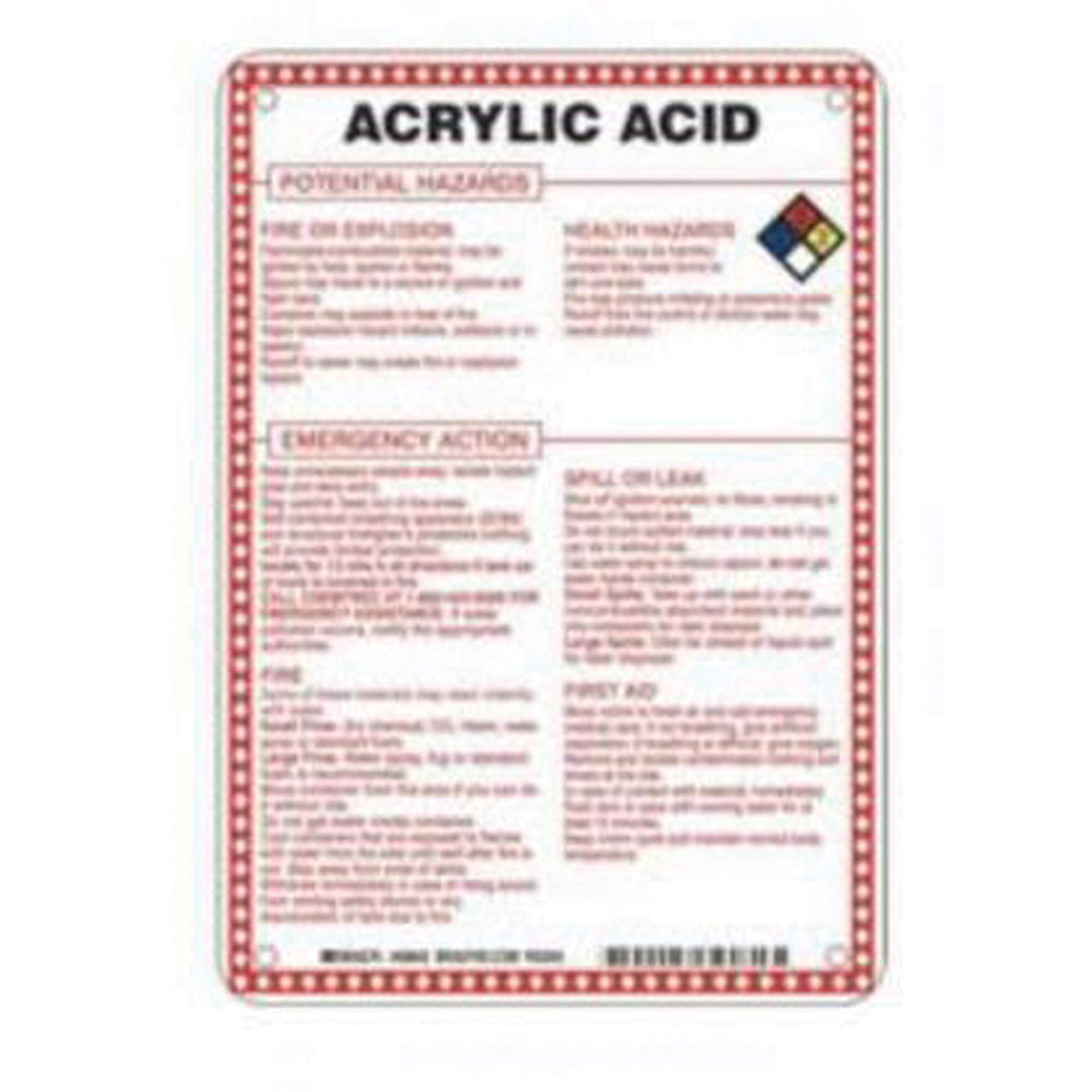 Enseigne «Acrylic Acid Potential Hazards», 10" x 7", Fibre de verre, Anglais avec pictogramme