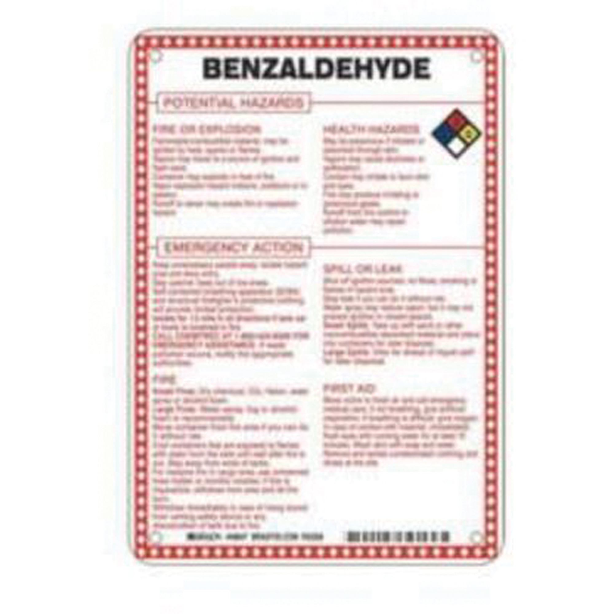 Enseigne «Benzaldehyde Potential Hazards», 10" x 7", Fibre de verre, Anglais avec pictogramme