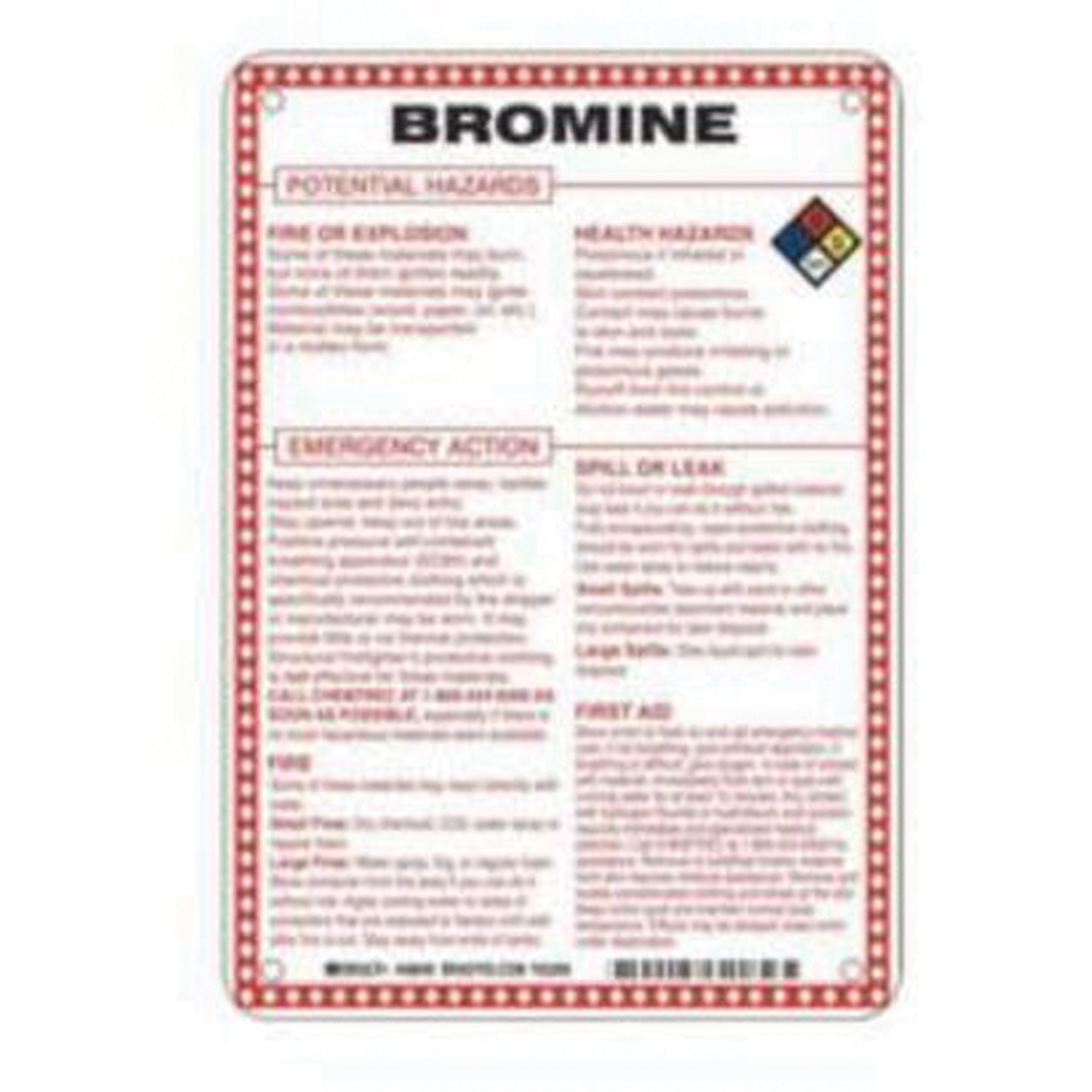 Enseigne «Bromine Potential Hazards», 10" x 7", Fibre de verre, Anglais avec pictogramme