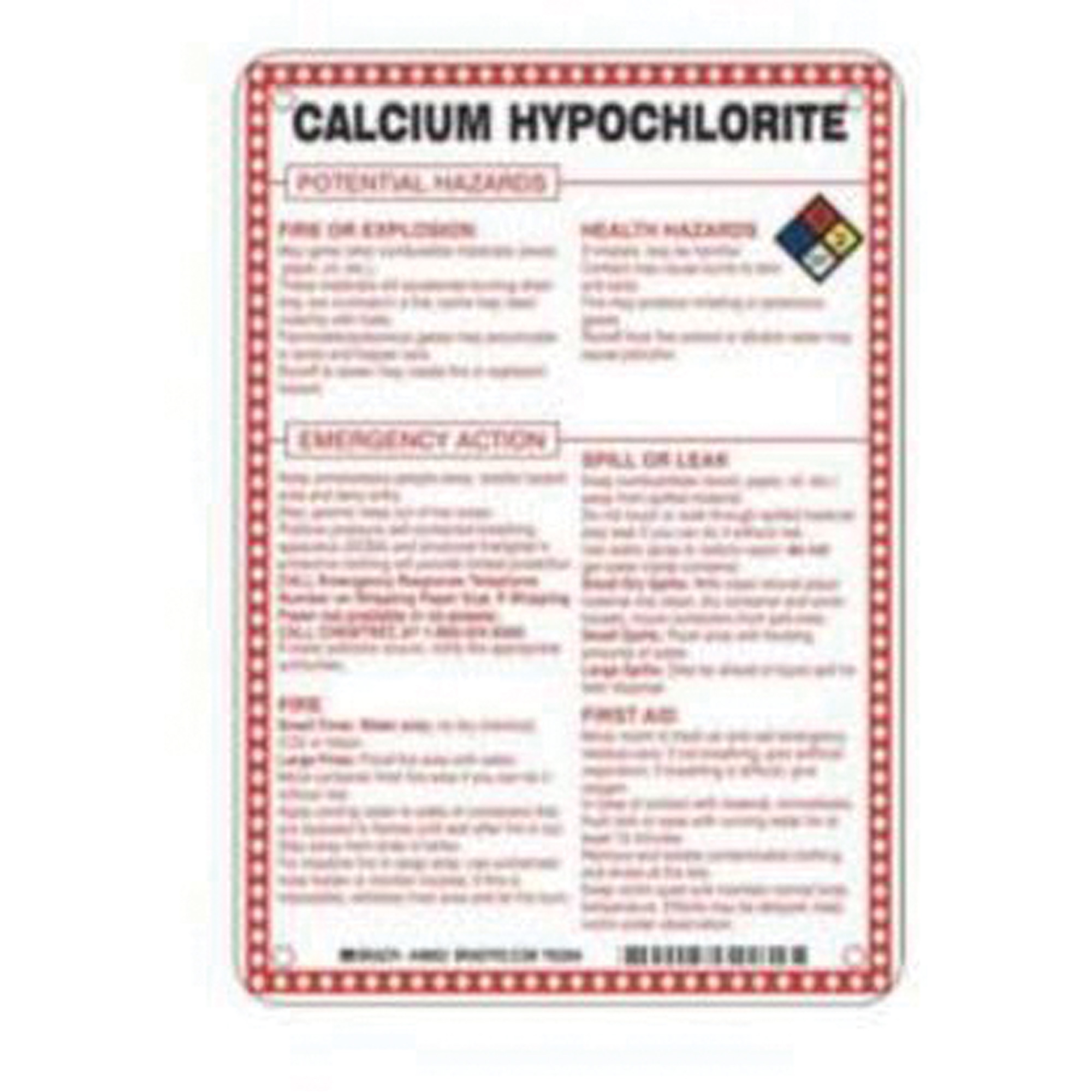 Enseigne «Calcium Hypochlorite Potential Hazards», 10" x 7", Fibre de verre, Anglais avec pictogramme