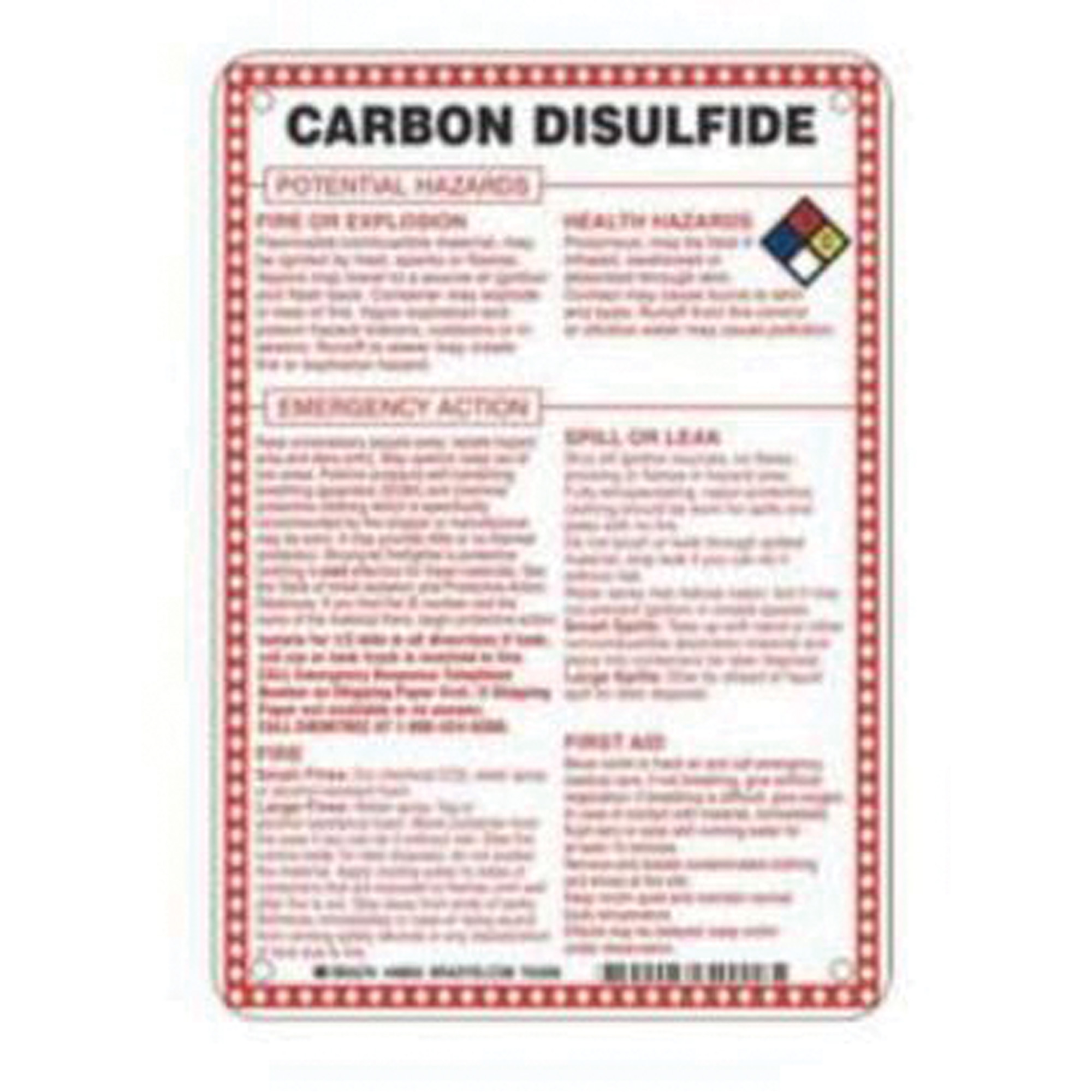 Enseigne «Carbon Disulfide Potential Hazards», 10" x 7", Fibre de verre, Anglais avec pictogramme