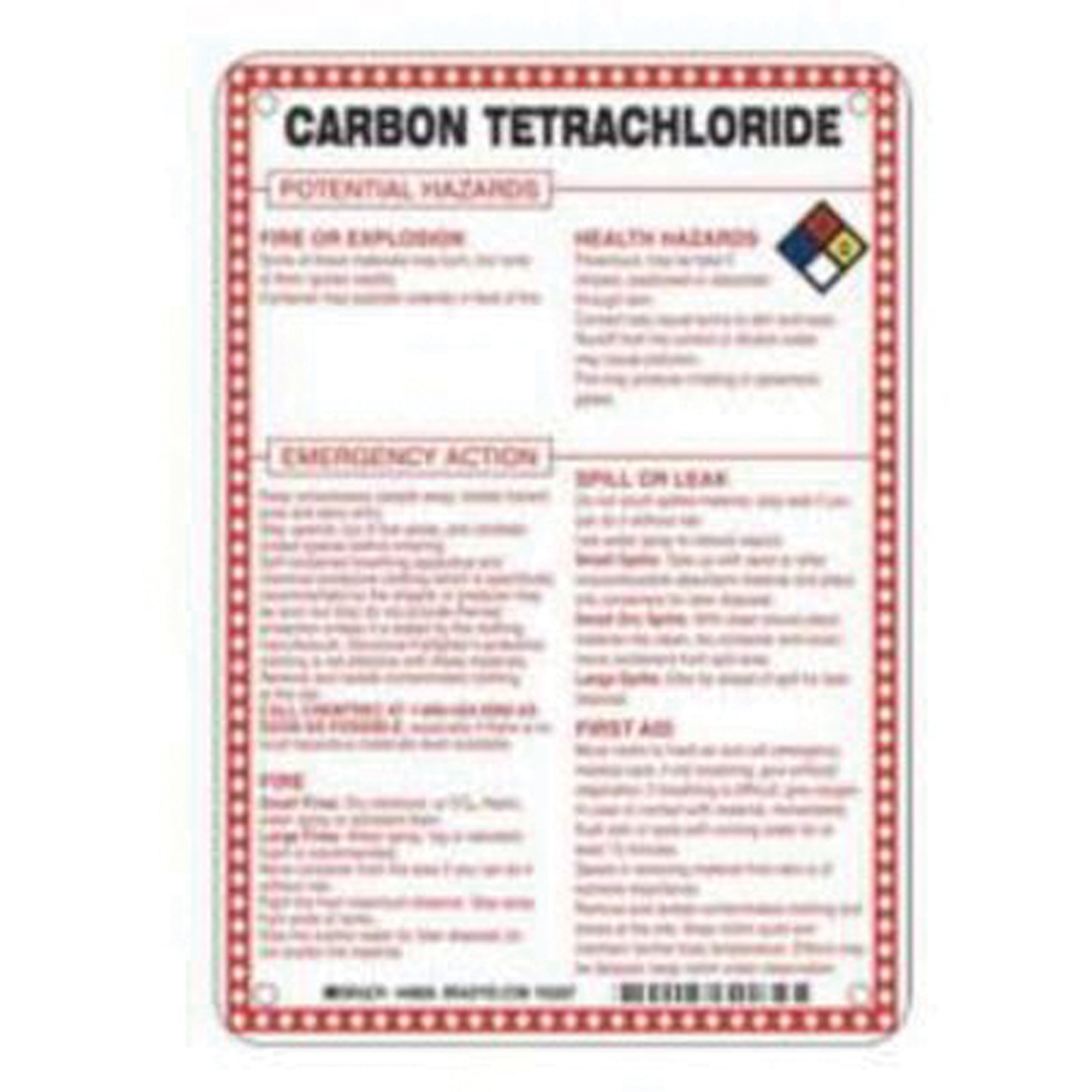 Enseigne «Carbon Tetrachloride Potential Hazards», 10" x 7", Fibre de verre, Anglais avec pictogramme