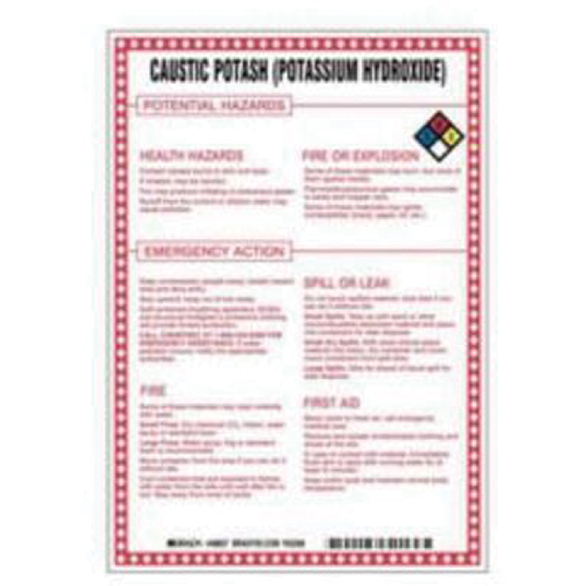 Enseigne «Caustic Potash (Potassium Hydroxide) Potential Hazards», 10" x 7", Fibre de verre, Anglais avec pictogramme