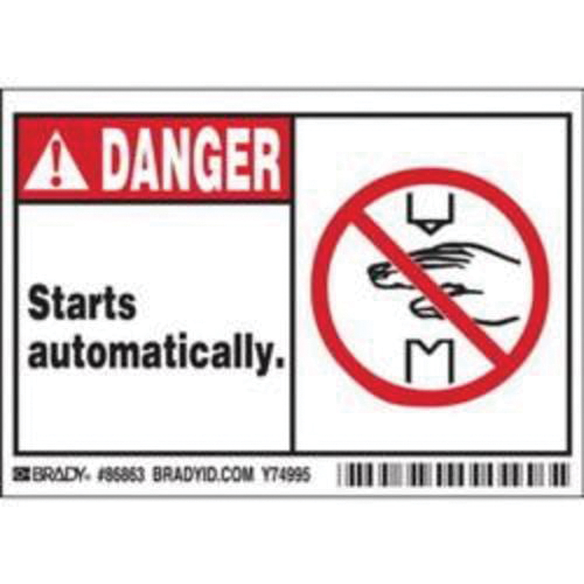 Enseigne «Danger Starts Automatically», 3-1/2" x 5", Polyester, Anglais avec pictogramme