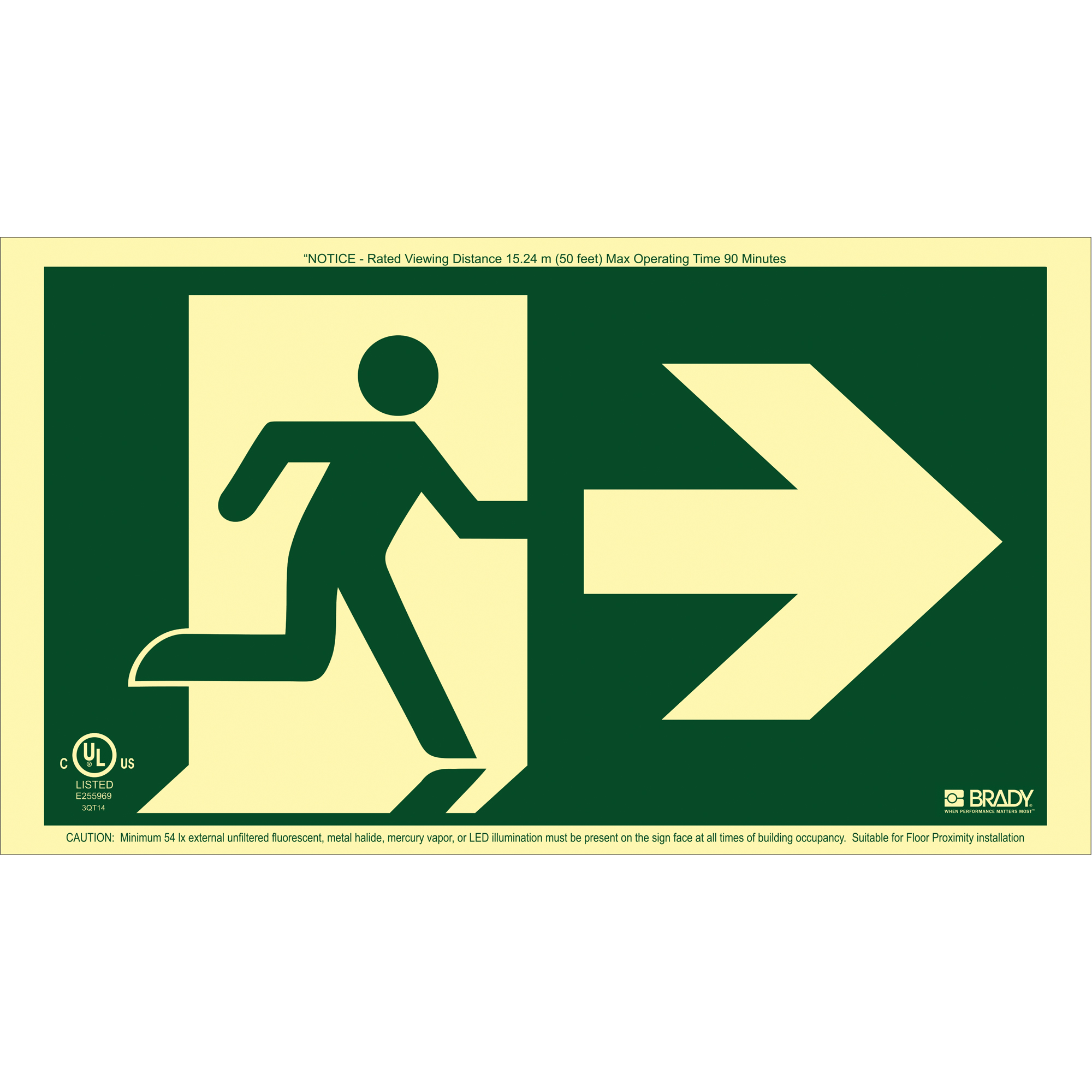 Enseigne de sortie coureur BradyGloMD avec flèche vers la droite, 8-1/2" x 15", Plastique, Pictogramme