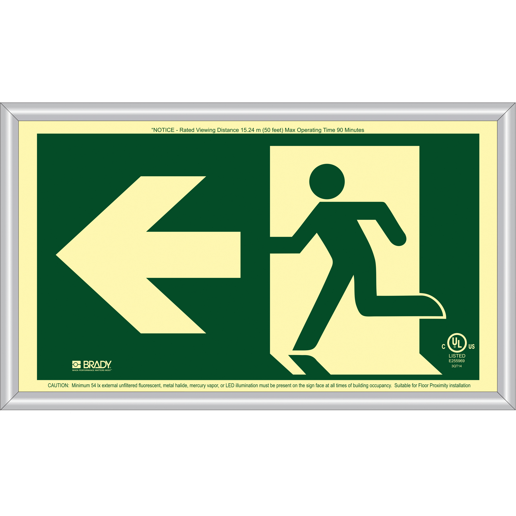 Enseigne de sortie coureur BradyGloMD avec flèche vers la gauche, 8-1/2" x 15", Plastique, Pictogramme