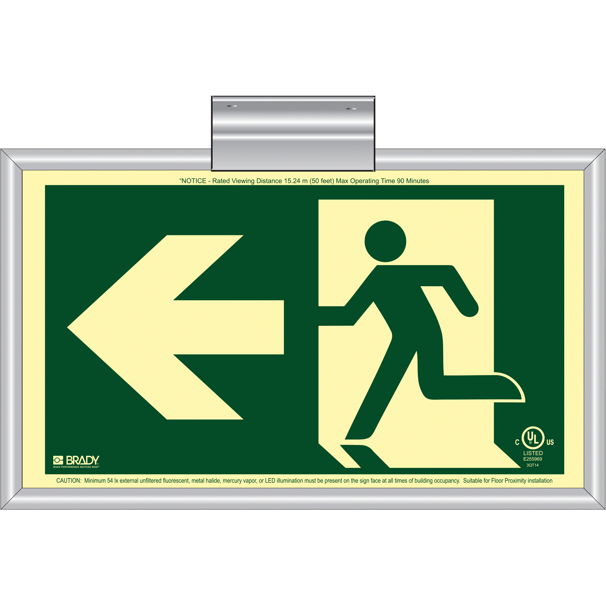 Enseigne de sortie coureur BradyGloMD avec flèche vers la gauche, 8-1/2" x 15", Plastique, Pictogramme