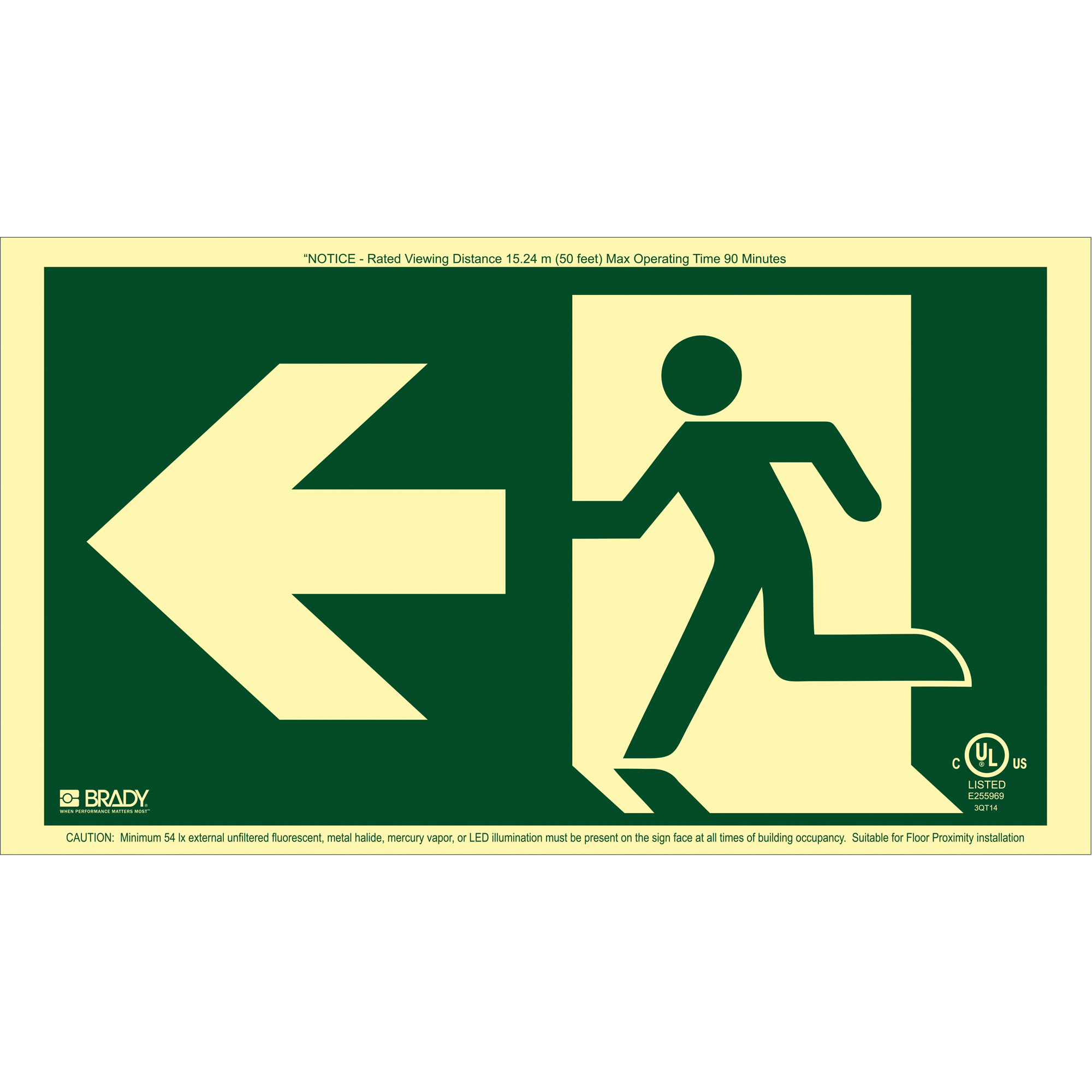 Enseigne de sortie coureur BradyGloMD avec flèche vers la gauche, 8-1/2" x 15", Plastique, Pictogramme