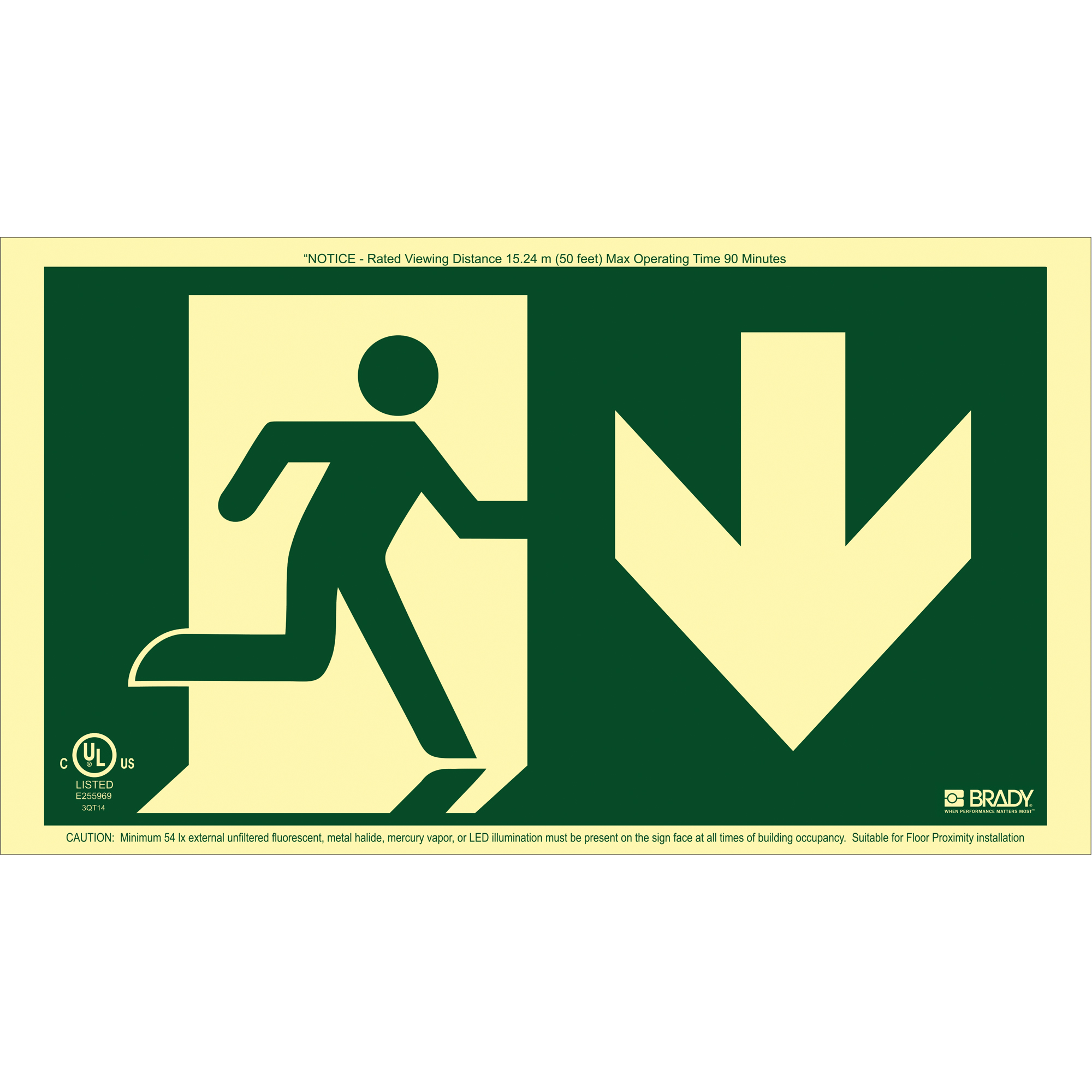 Enseigne de sortie coureur BradyGloMD avec flèche vers le bas, 8-1/2" x 15", Plastique, Pictogramme