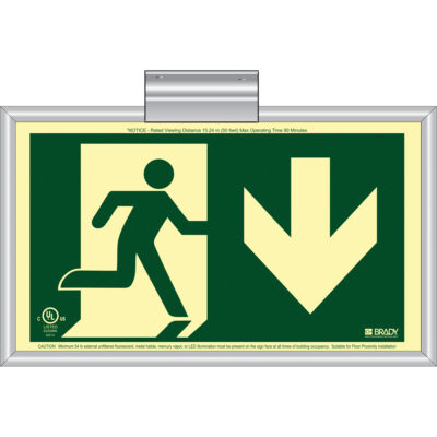 Enseigne de sortie coureur BradyGloMD avec flèche vers le bas, 8-1/2" x 15", Plastique, Pictogramme