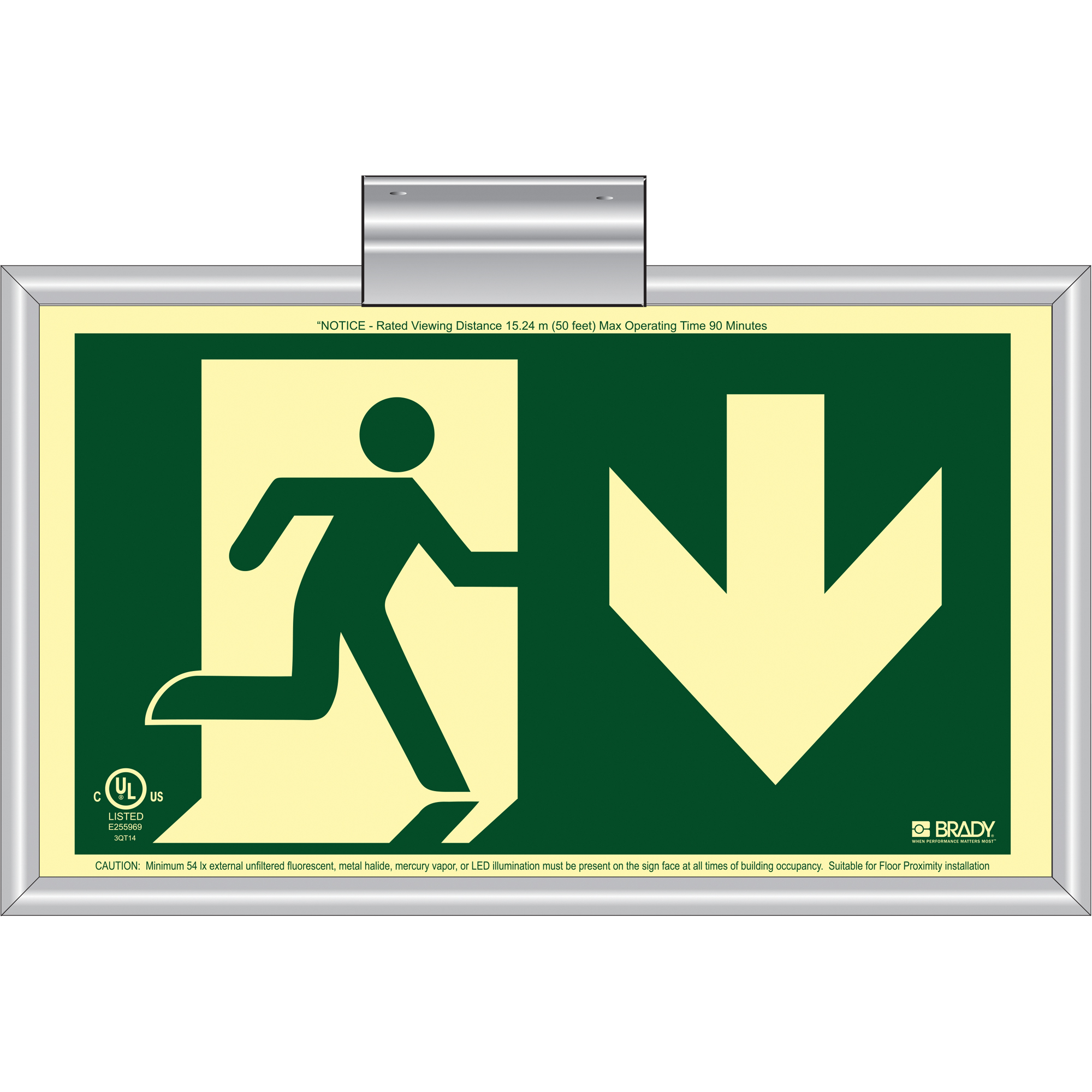 Enseigne de sortie coureur BradyGloMD avec flèche vers le bas, 8-1/2" x 15", Plastique, Pictogramme