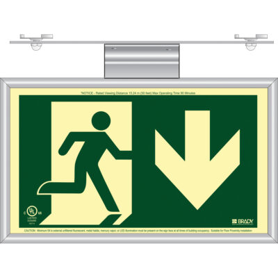 Enseigne de sortie coureur BradyGloMD avec flèche vers le bas, 8-1/2" x 15", Plastique, Pictogramme