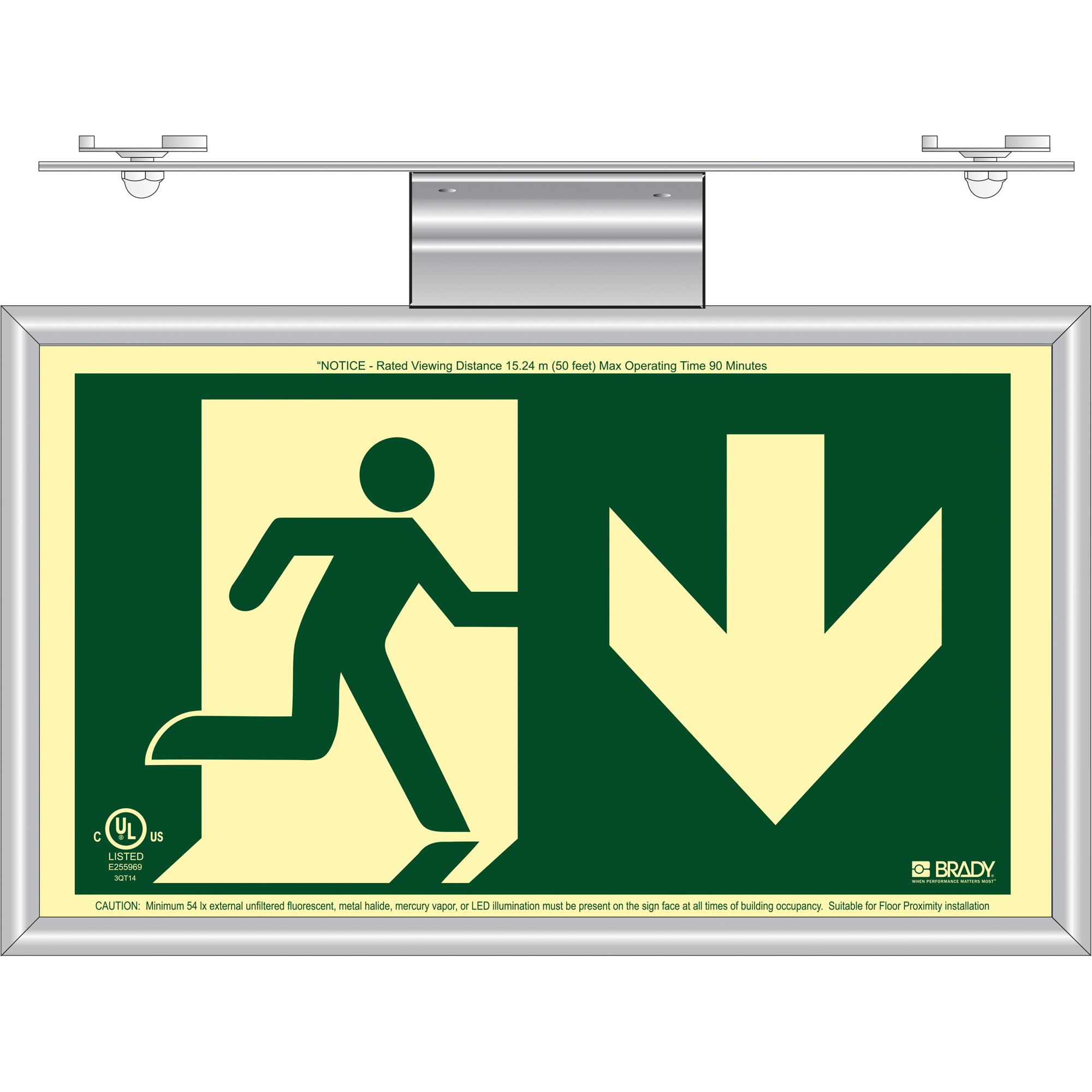 Enseigne de sortie coureur BradyGloMD avec flèche vers le bas, 8-1/2" x 15", Plastique, Pictogramme