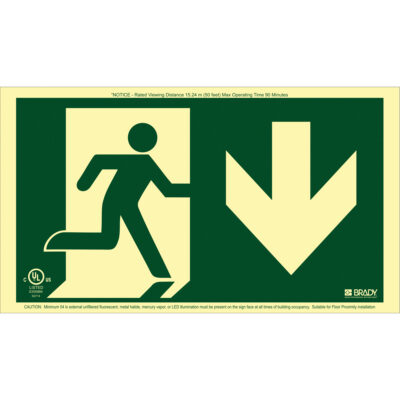 Enseigne de sortie coureur BradyGloMD avec flèche vers le bas, 8-1/2" x 15", Plastique, Pictogramme