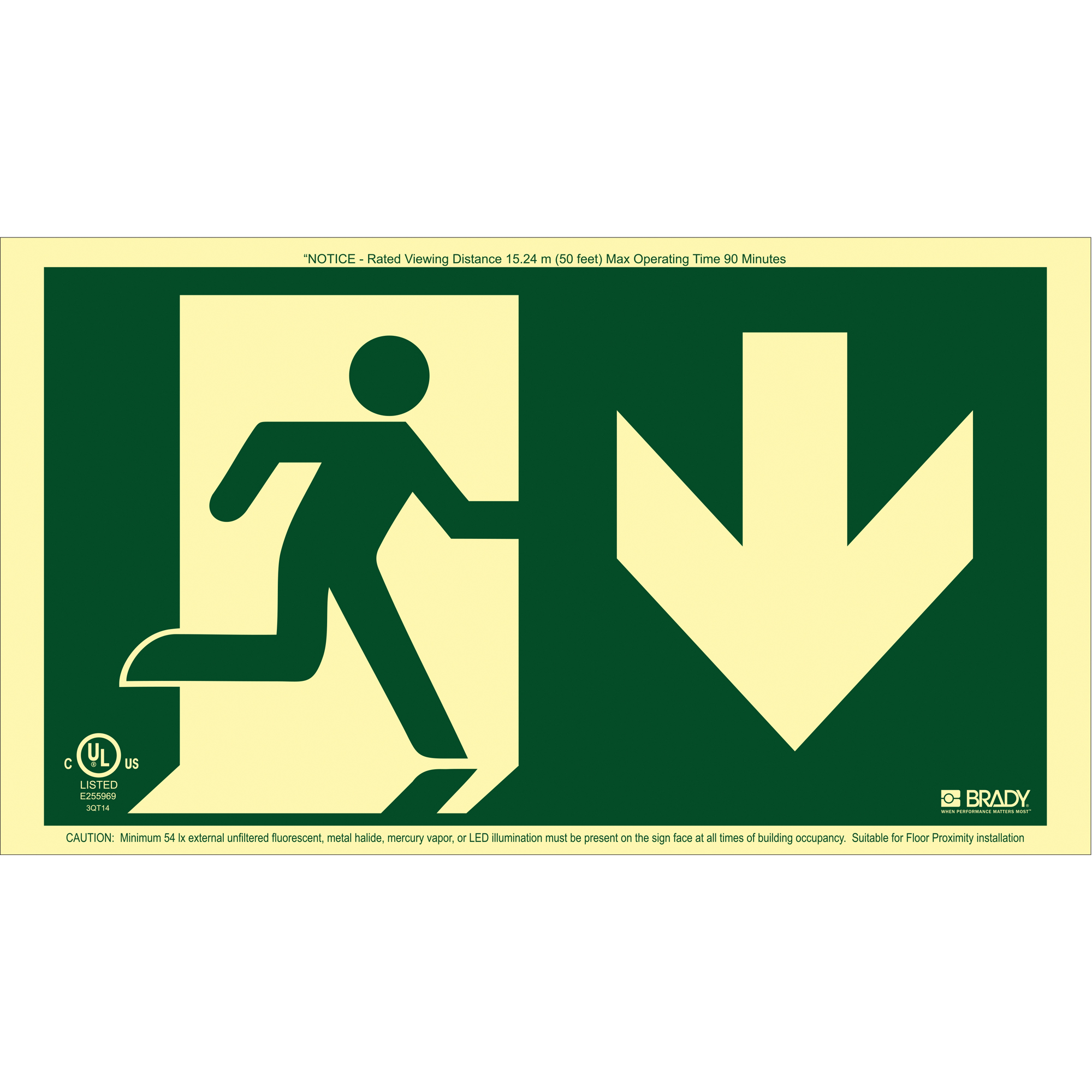 Enseigne de sortie coureur BradyGloMD avec flèche vers le bas, 8-1/2" x 15", Plastique, Pictogramme