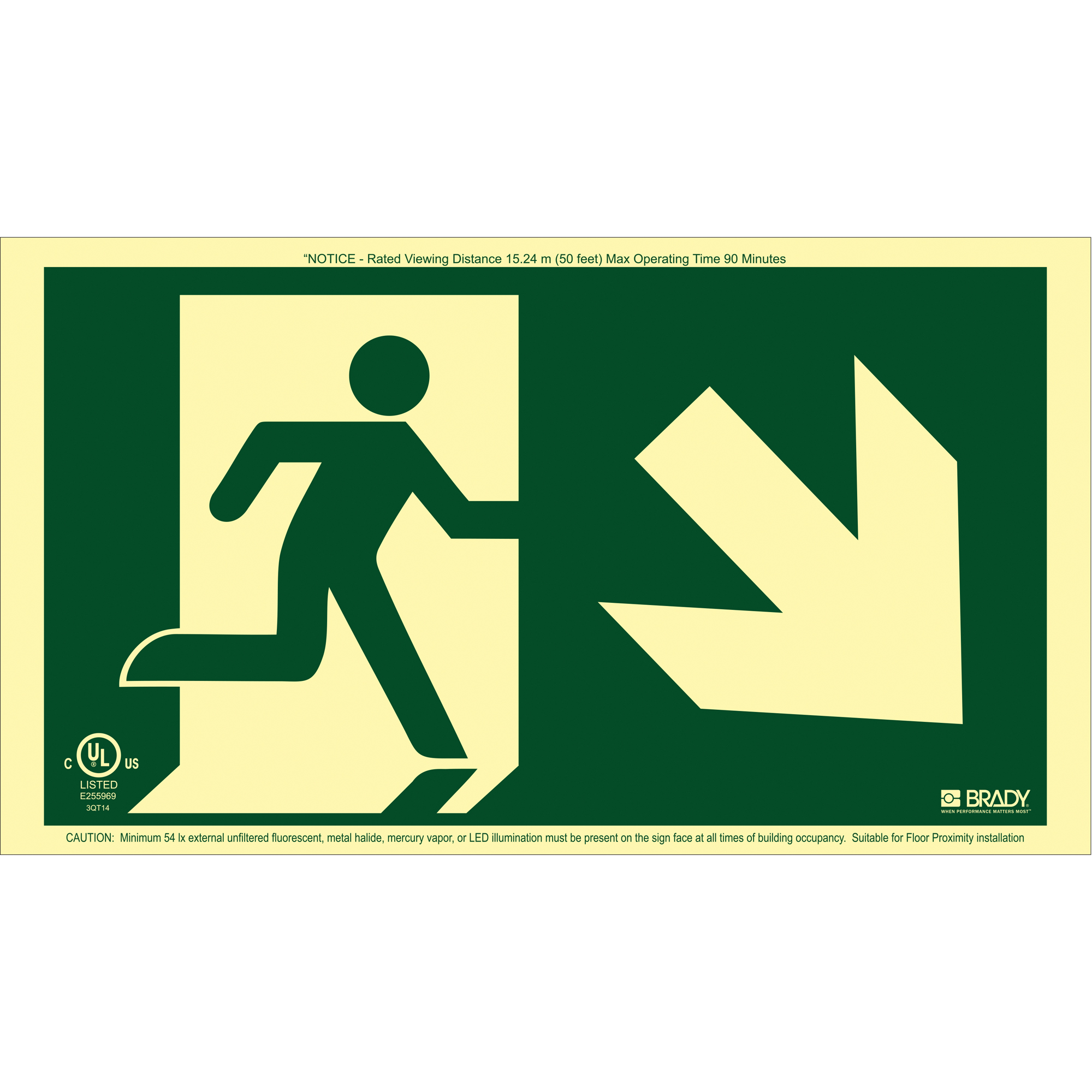 Enseigne de sortie coureur BradyGloMD avec flèche vers le bas à droite, 8-1/2" x 15", Plastique, Pictogramme