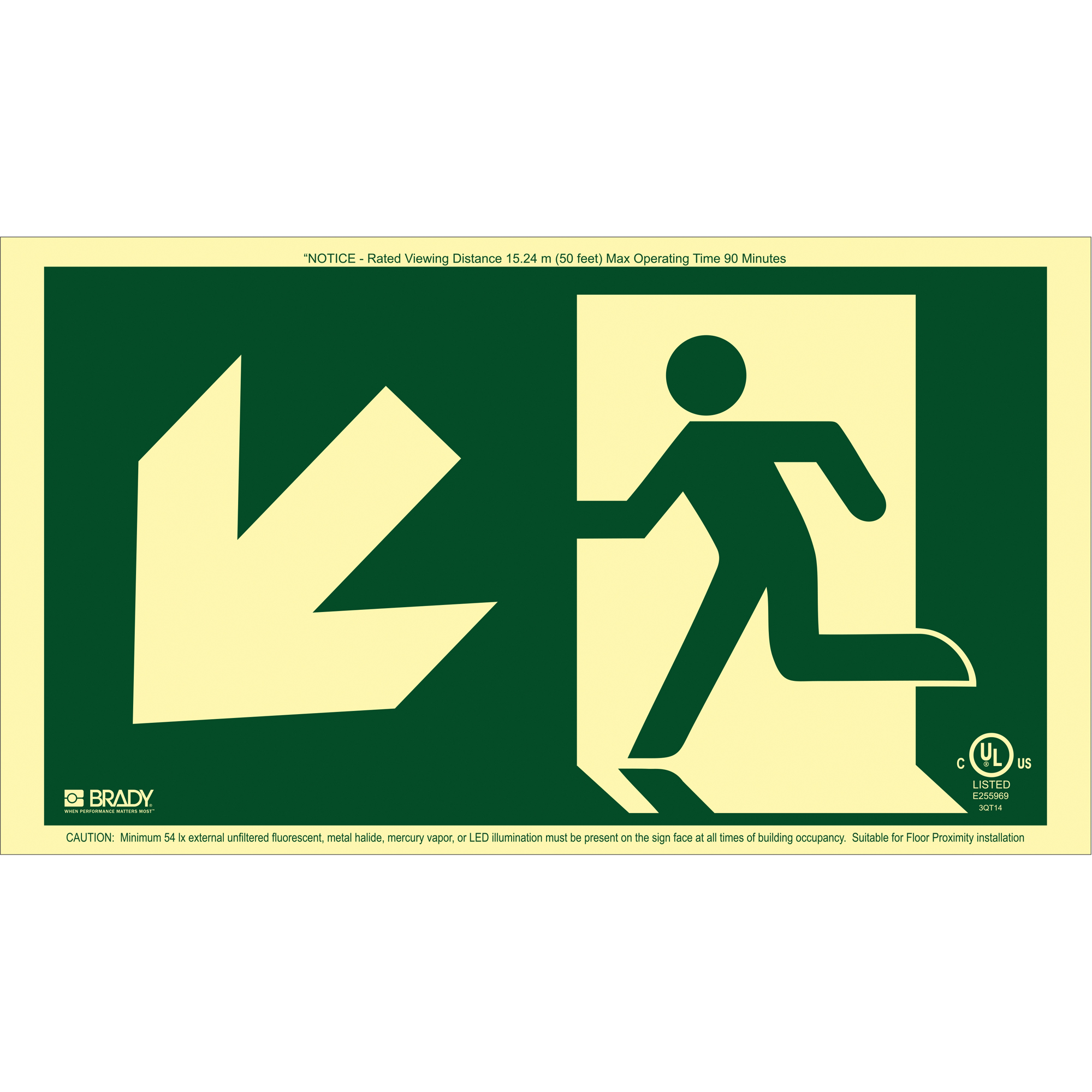 Enseigne de sortie coureur BradyGloMD avec flèche vers le bas à gauche, 8-1/2" x 15", Plastique, Pictogramme