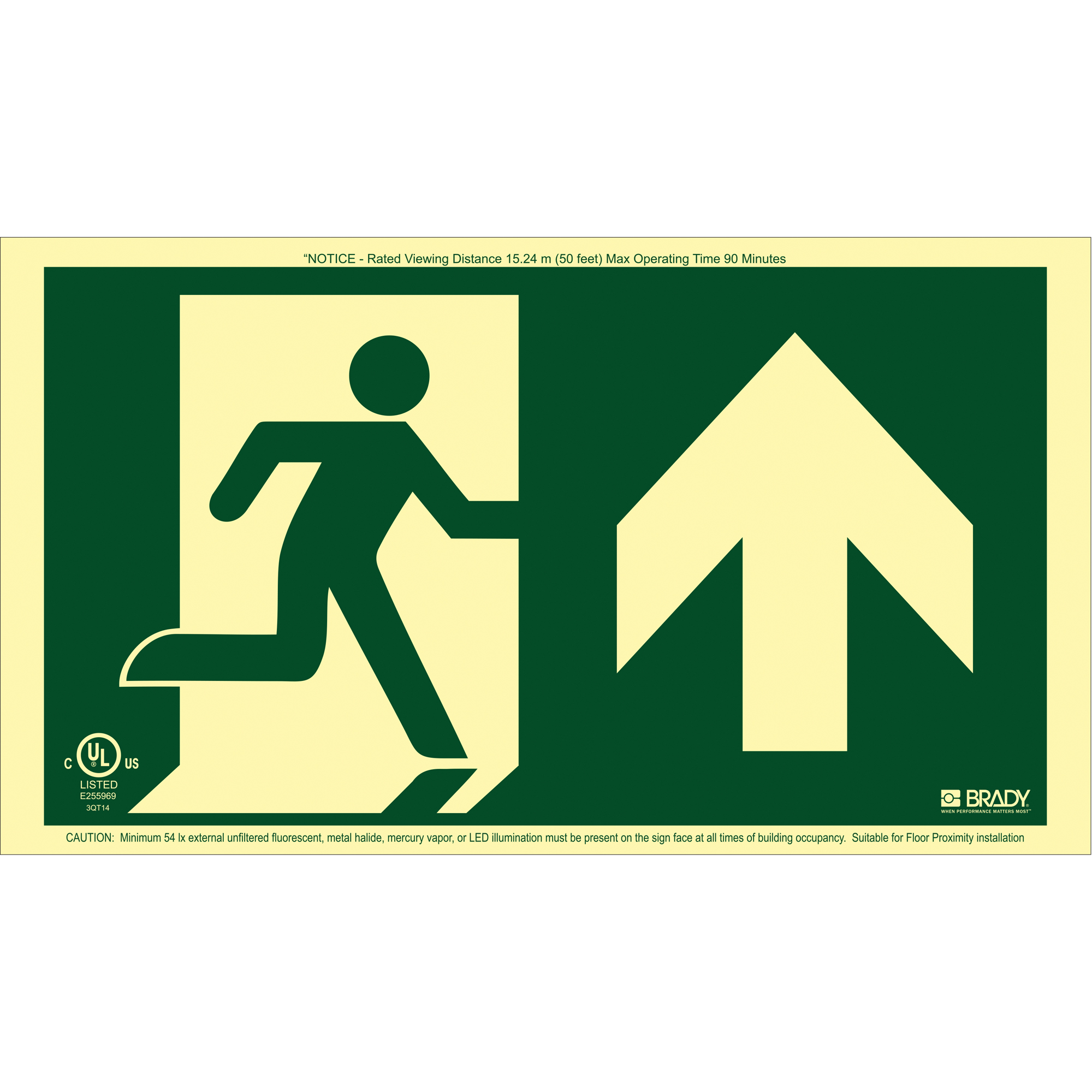 Enseigne de sortie coureur BradyGloMD avec flèche vers le haut, 8-1/2" x 15", Plastique, Pictogramme