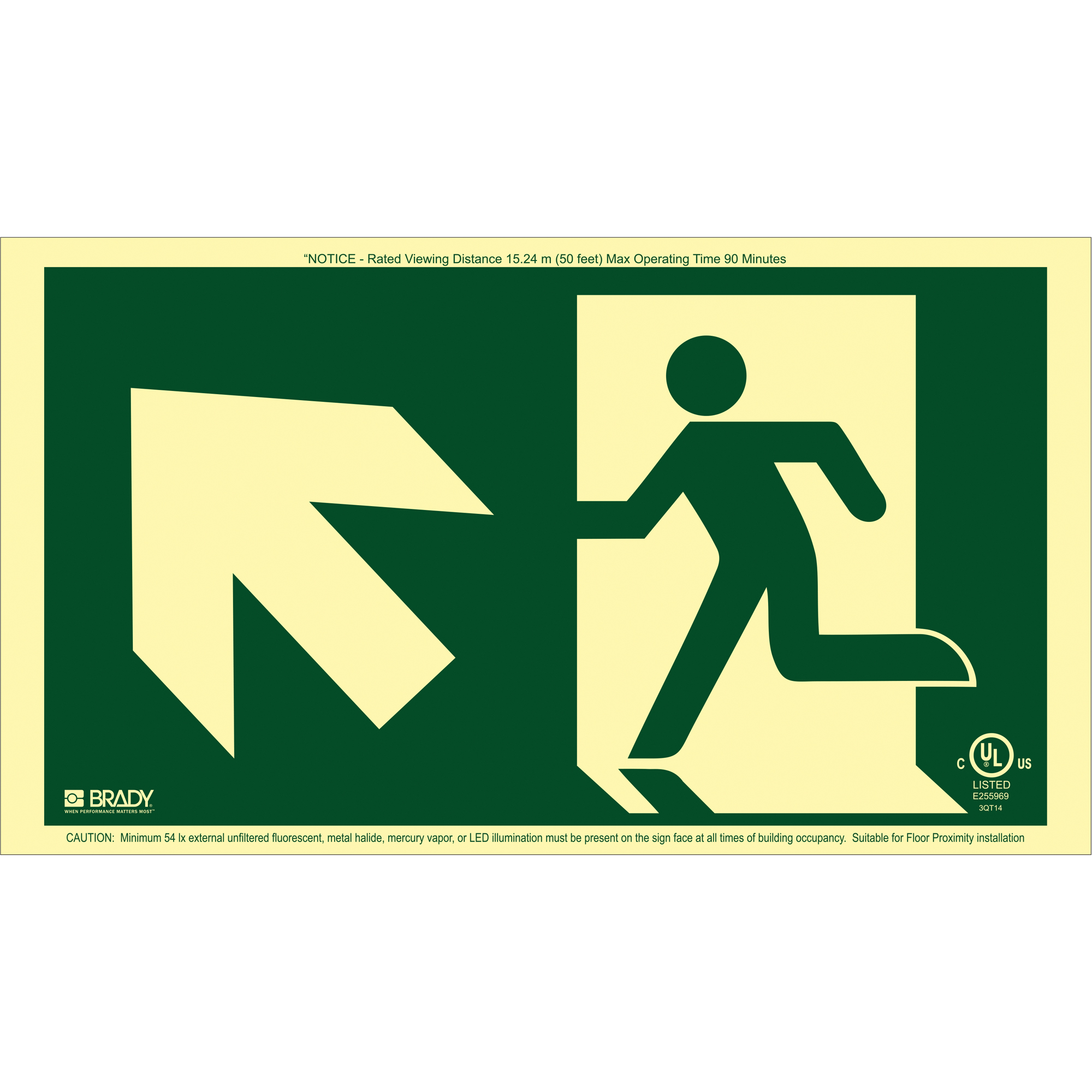 Enseigne de sortie coureur BradyGloMD avec flèche vers le haut à gauche, 8-1/2" x 15", Plastique, Pictogramme