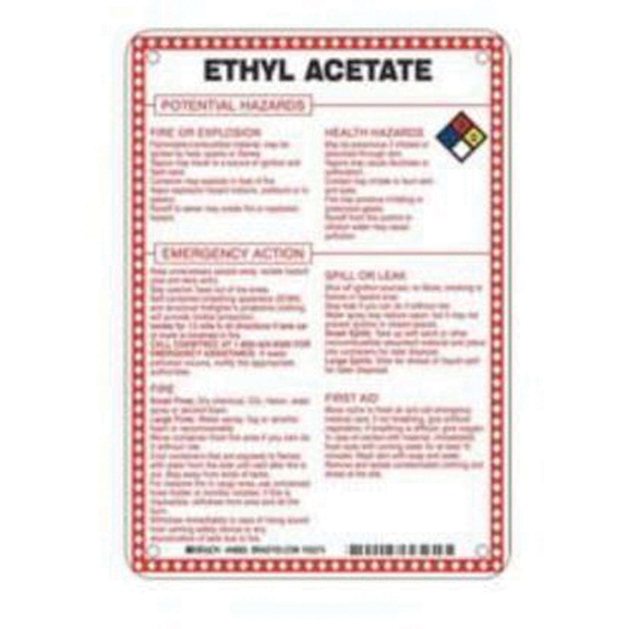 Enseigne «Ethyl Acetate Potential Hazards», 10" x 7", Fibre de verre, Anglais avec pictogramme