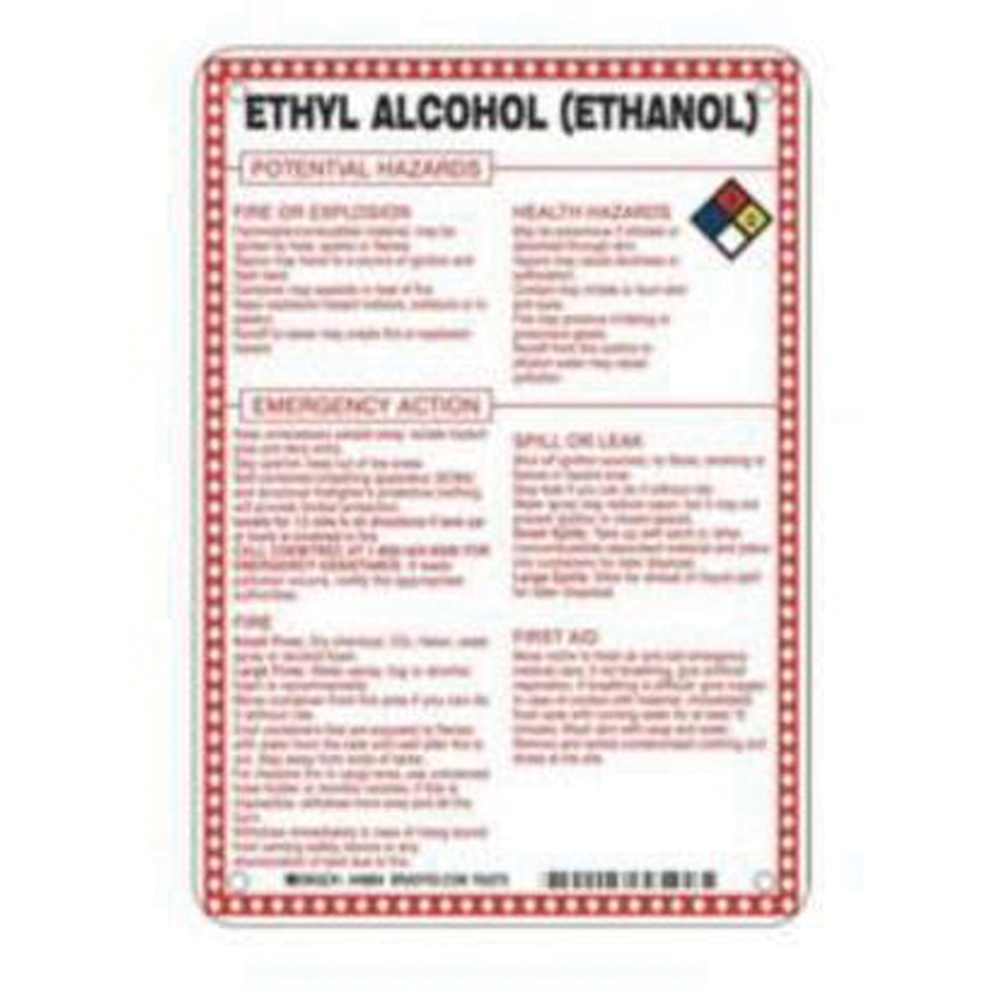 Enseigne «Ethyl Alcohol (Ethanol) Potential Hazards», 10" x 7", Fibre de verre, Anglais avec pictogramme
