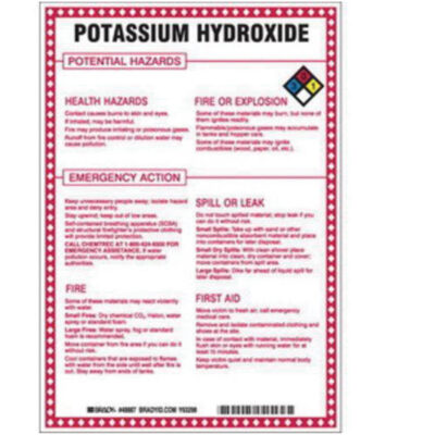 Enseigne «Potassium Hydroxide Potential Hazards», 10" x 7", Fibre de verre, Anglais avec pictogramme