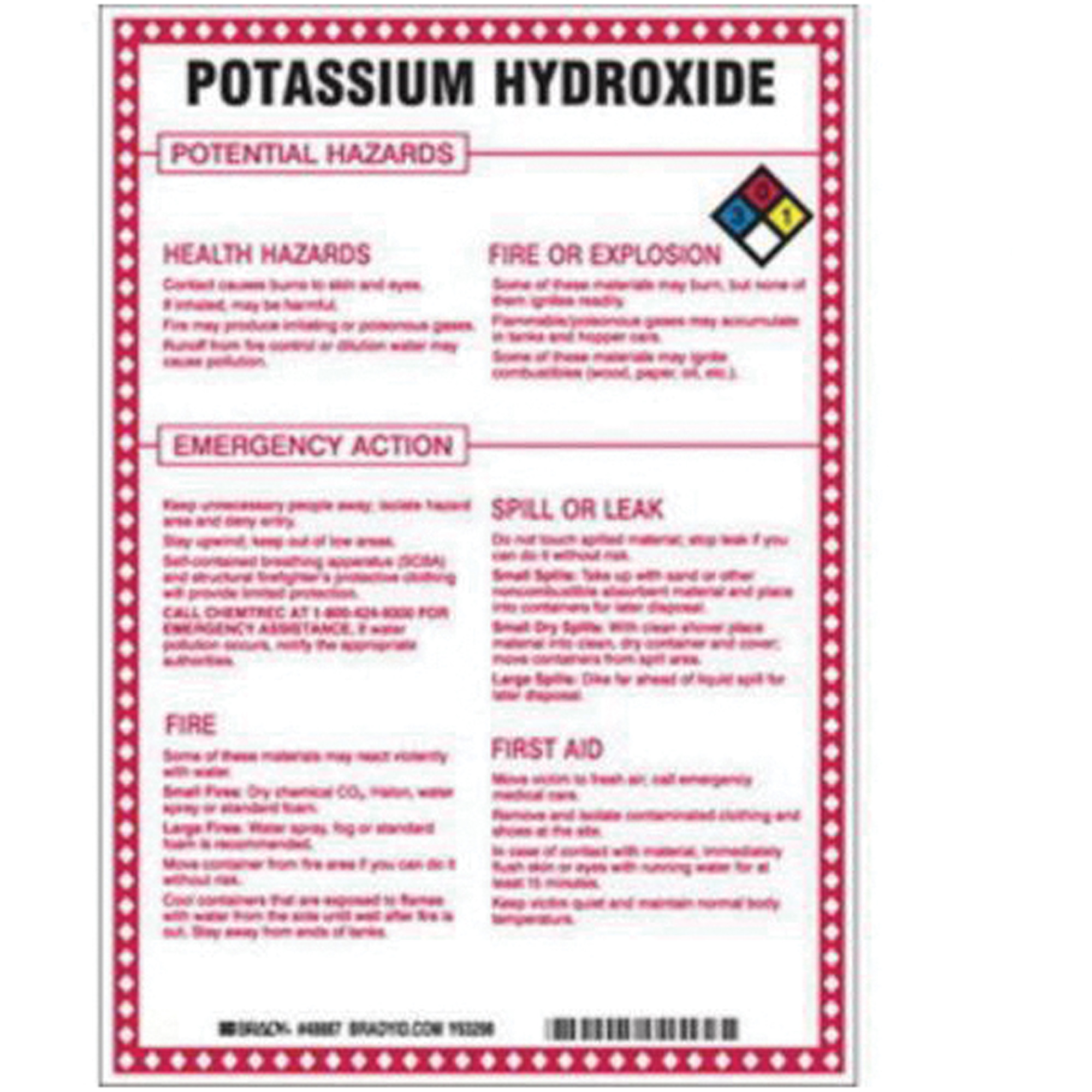 Enseigne «Potassium Hydroxide Potential Hazards», 10" x 7", Fibre de verre, Anglais avec pictogramme
