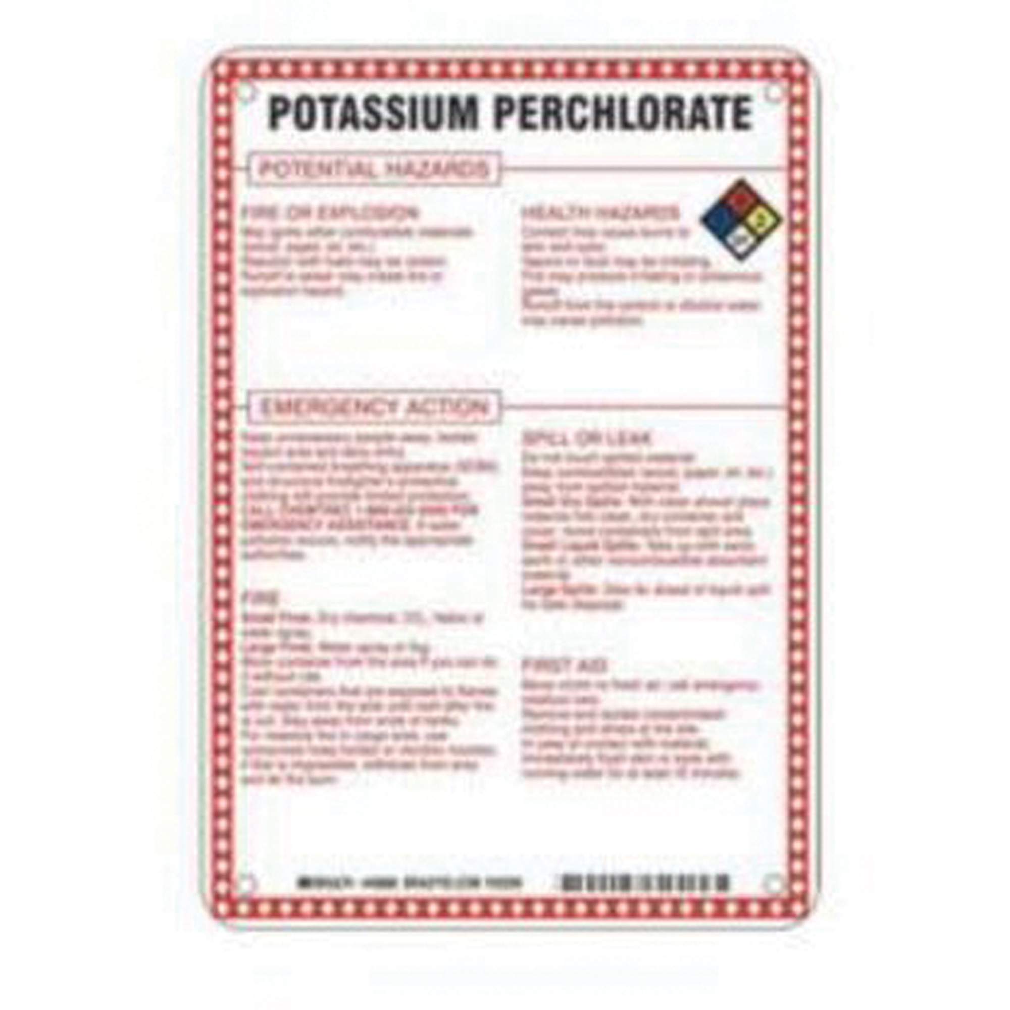Enseigne «Potassium Perchlorate Potential Hazards», 10" x 7", Fibre de verre, Anglais avec pictogramme