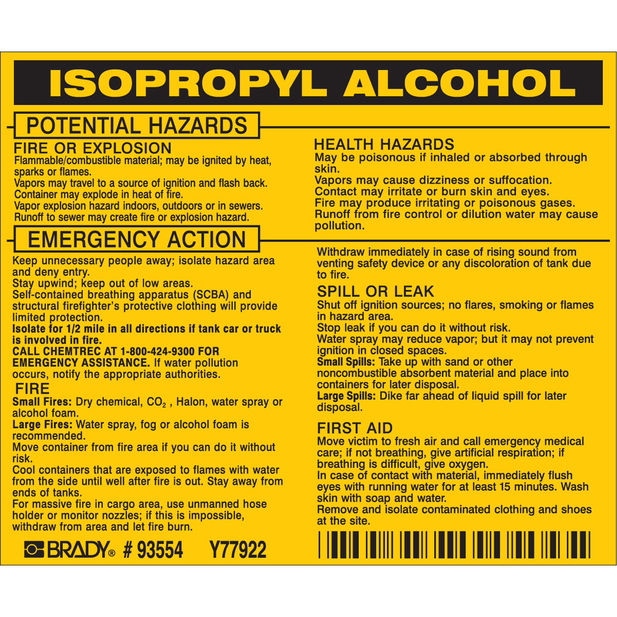 Étiquette pour l'alcool isopropylique, Vinyle, Feuille, 4-1/2" lo x 3-1/2" la